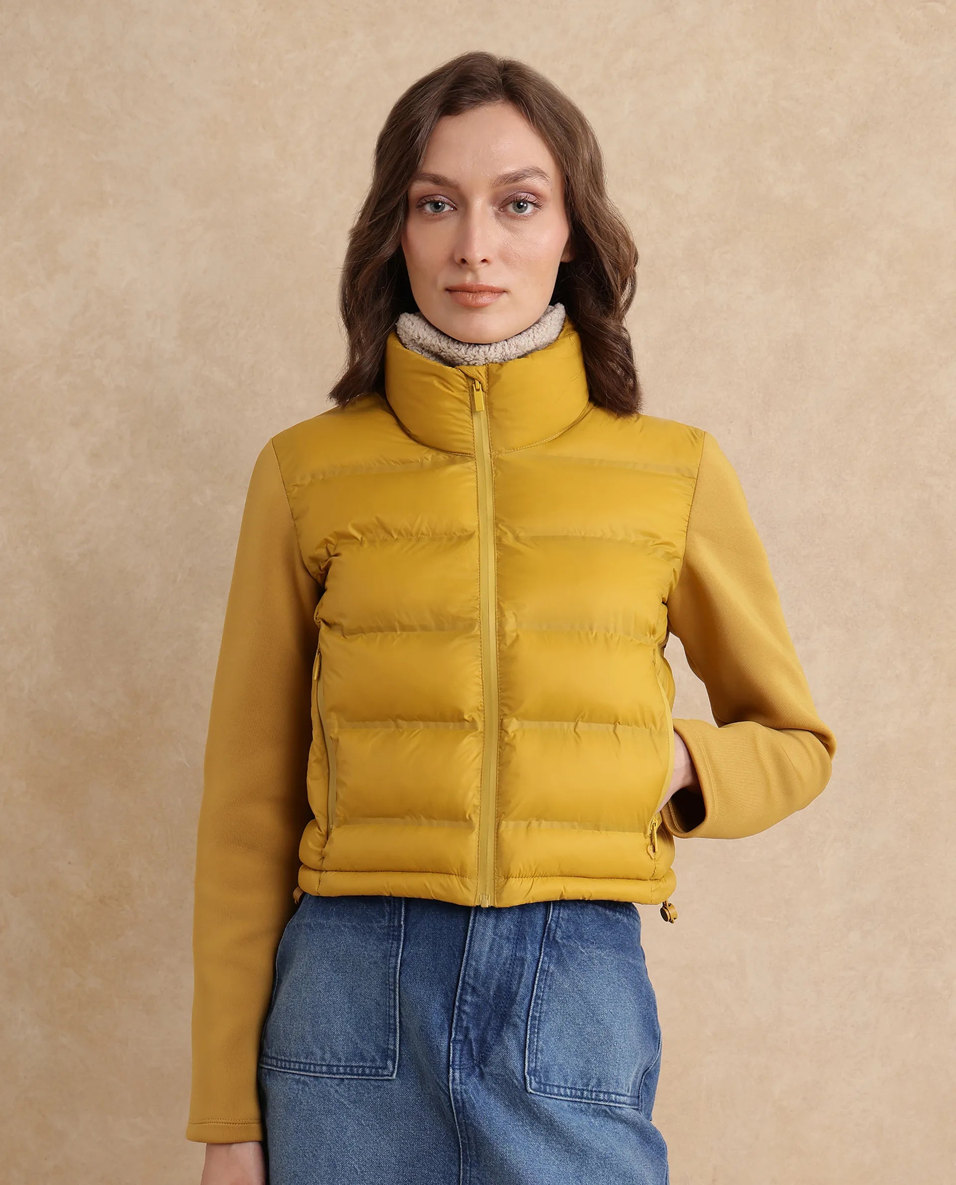 Rareism Women Zarcro Yellow Full Sleeve Stand Collar Zipper Closure Plain Jacket