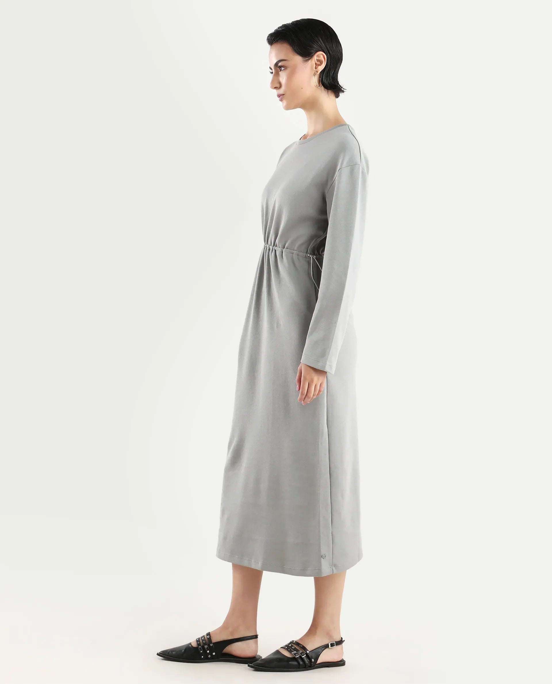 Rareism Women's Zarene Grey Cotton Blend Crew Neck Plain Maxi Regular Fit Dress