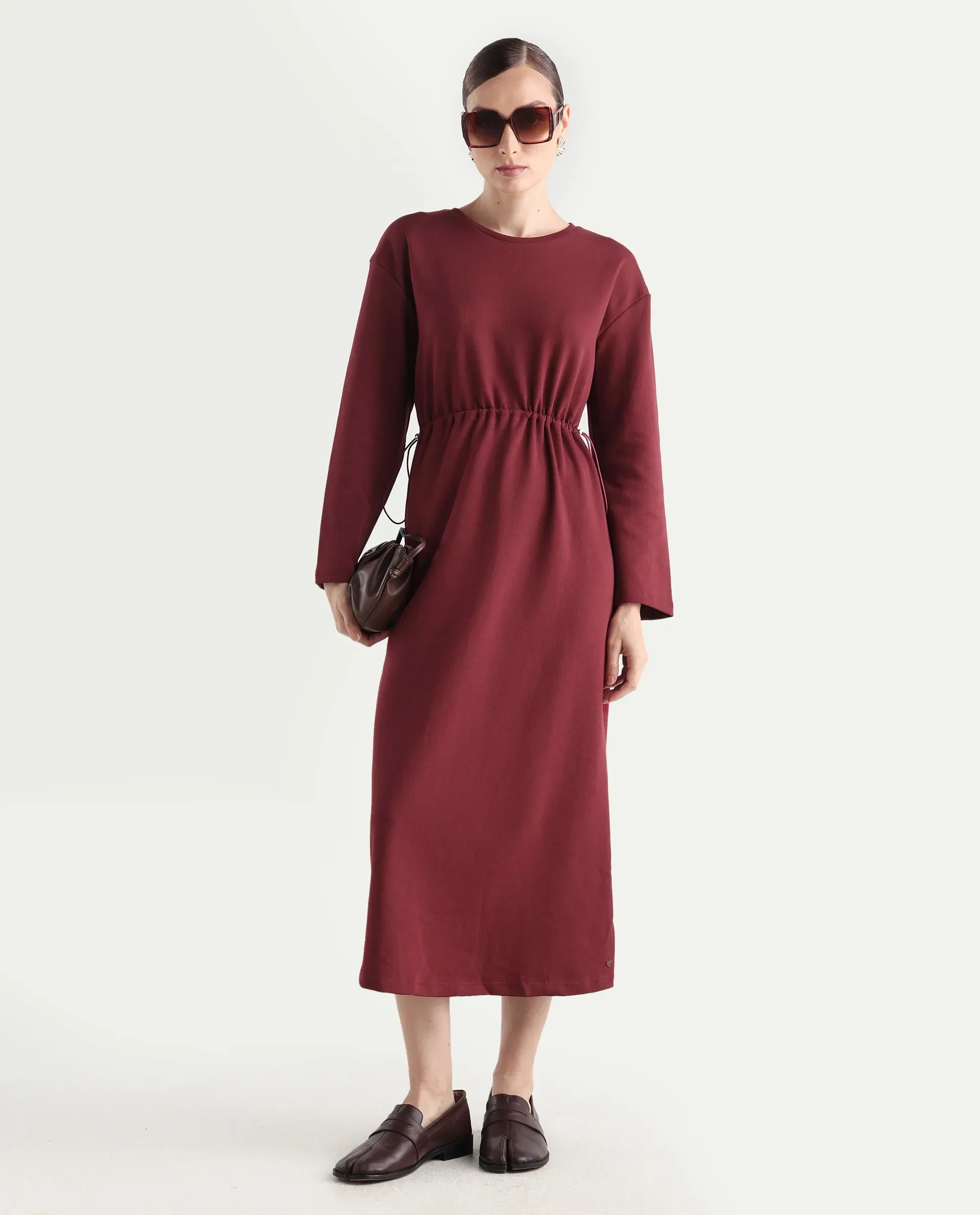 Rareism Women's Zarene Maroon Cotton Cotton Blend Crew Neck Plain Maxi Regular Fit Dress