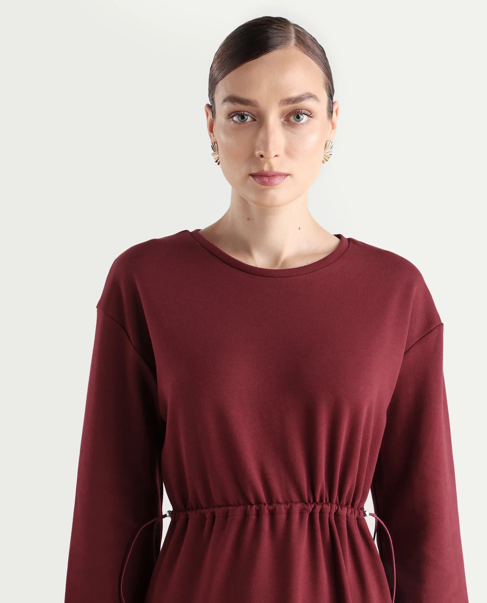 Rareism Women's Zarene Maroon Cotton Cotton Blend Crew Neck Plain Maxi Regular Fit Dress