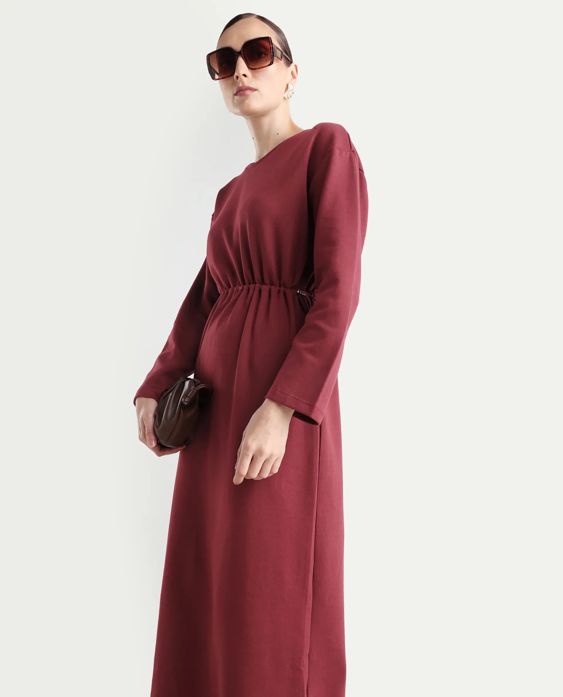 Rareism Women's Zarene Maroon Cotton Cotton Blend Crew Neck Plain Maxi Regular Fit Dress