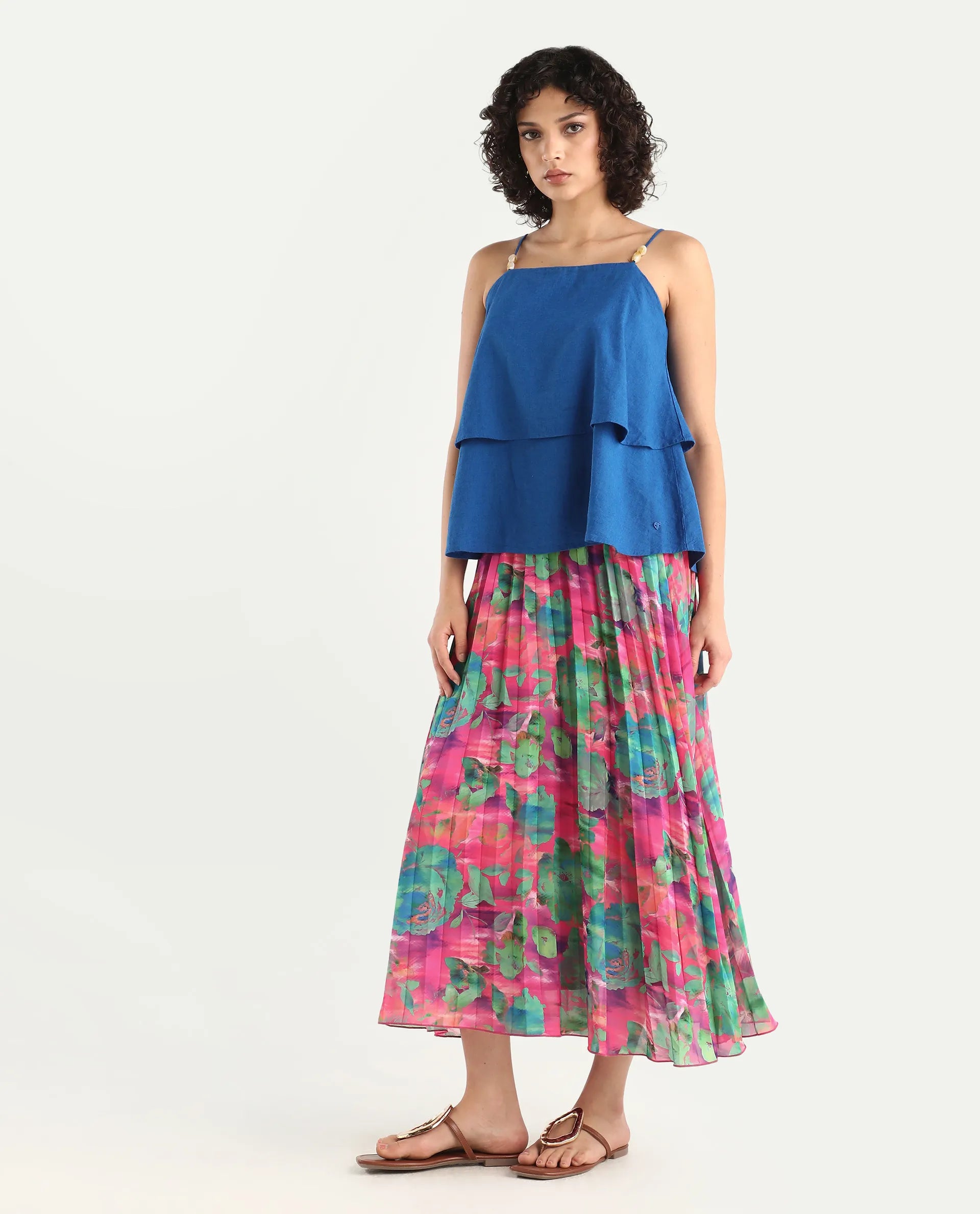 Rareism Women's Zasopi Multi Polyester Floral Print Midi Flared Skirt