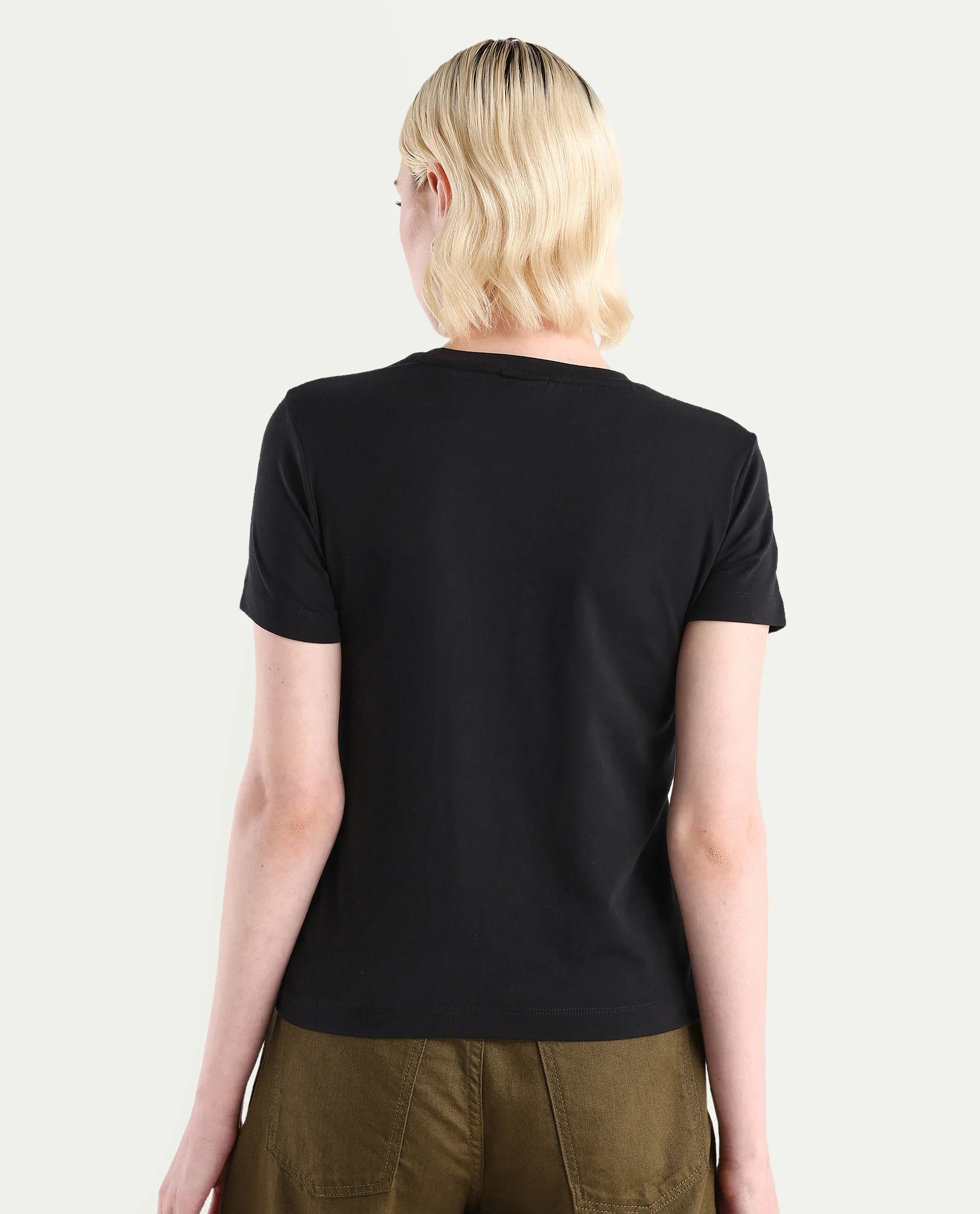 Rareism Women's Zebec Black Cotton Blend Crew Neck Graphic Print Regular Fit T-Shirt