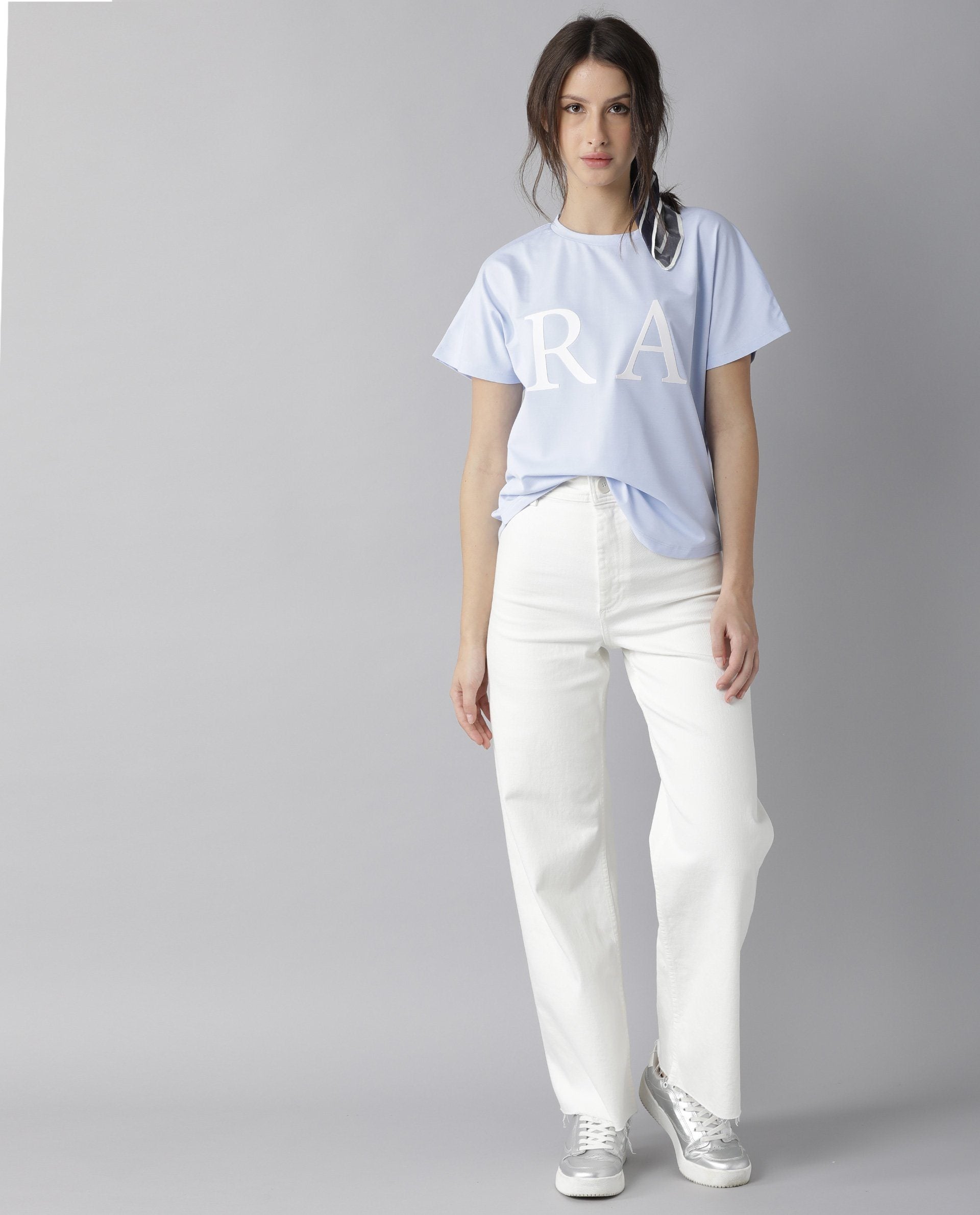 Rareism Women Hush Blue Poly Cotton Fabric Regular Fit Half Sleeves Graphic Print Crew Neck T-Shirt