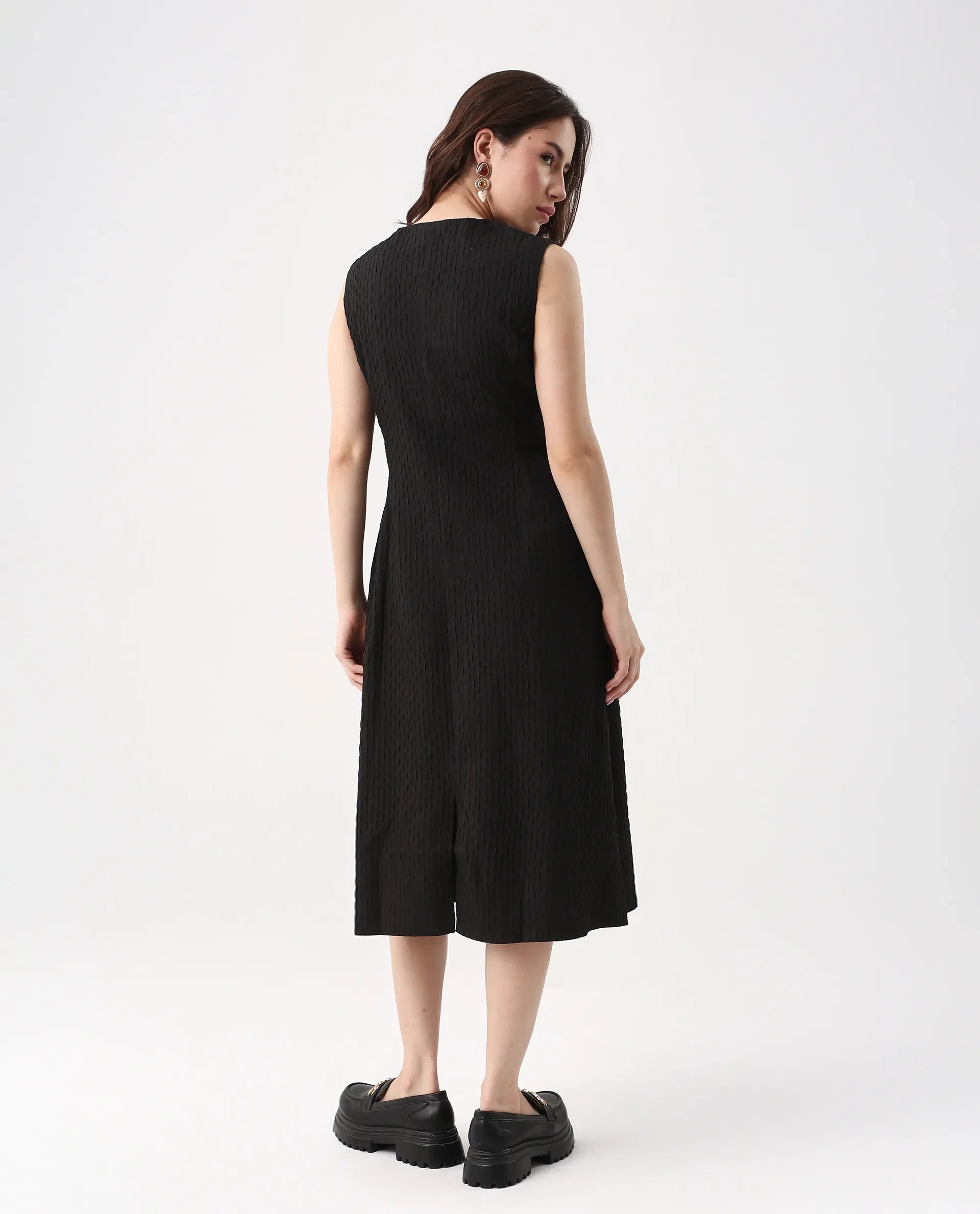 Rareism Women's Zelina Black Polyester Round Neck Striped Sleeveless Knee Length A-Line Dress