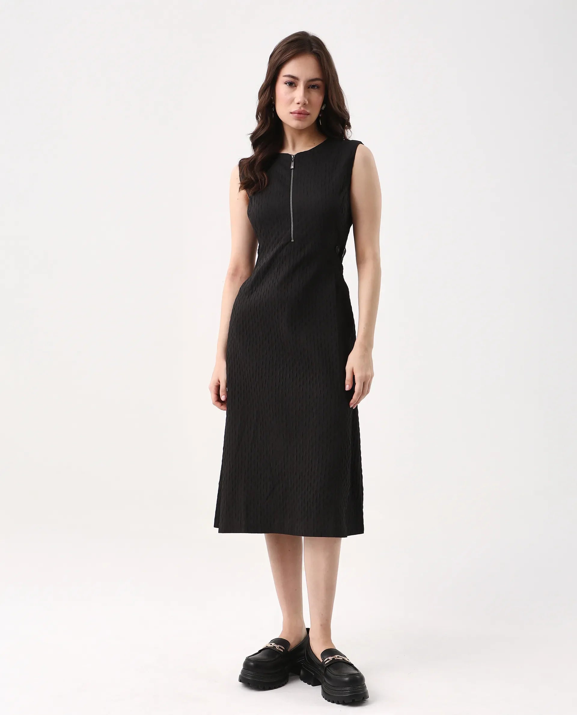 Rareism Women's Zelina Black Polyester Round Neck Striped Sleeveless Knee Length A-Line Dress