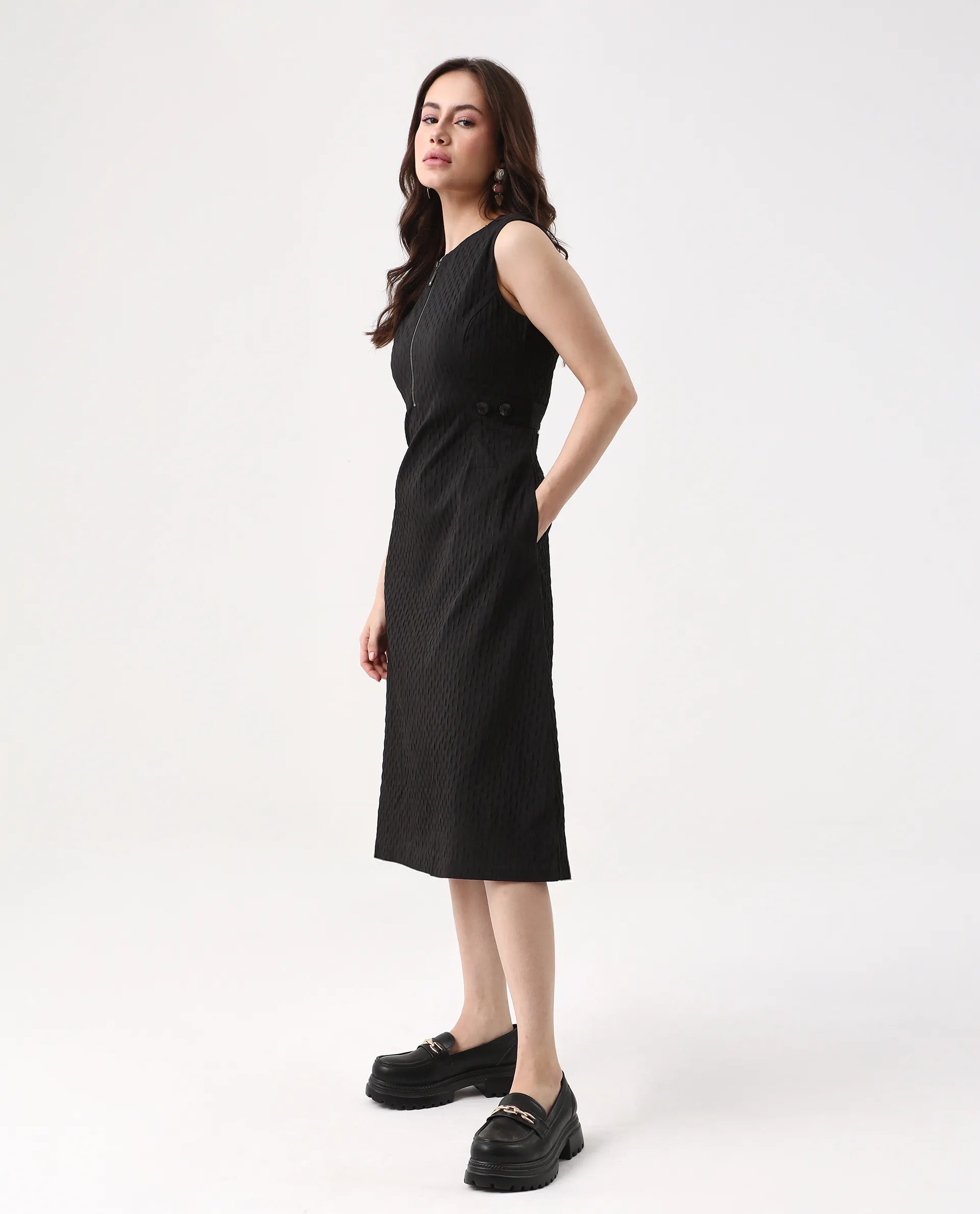 Rareism Women's Zelina Black Polyester Round Neck Striped Sleeveless Knee Length A-Line Dress