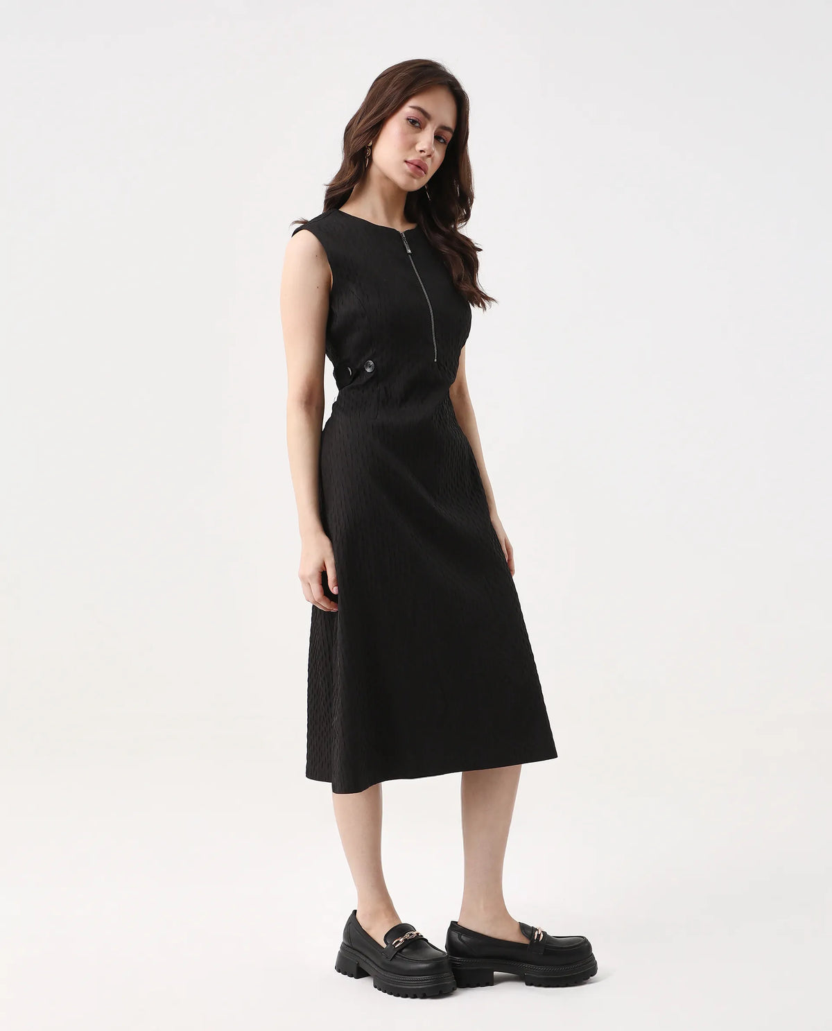 Rareism Women's Zelina Black Polyester Round Neck Striped Sleeveless Knee Length A-Line Dress