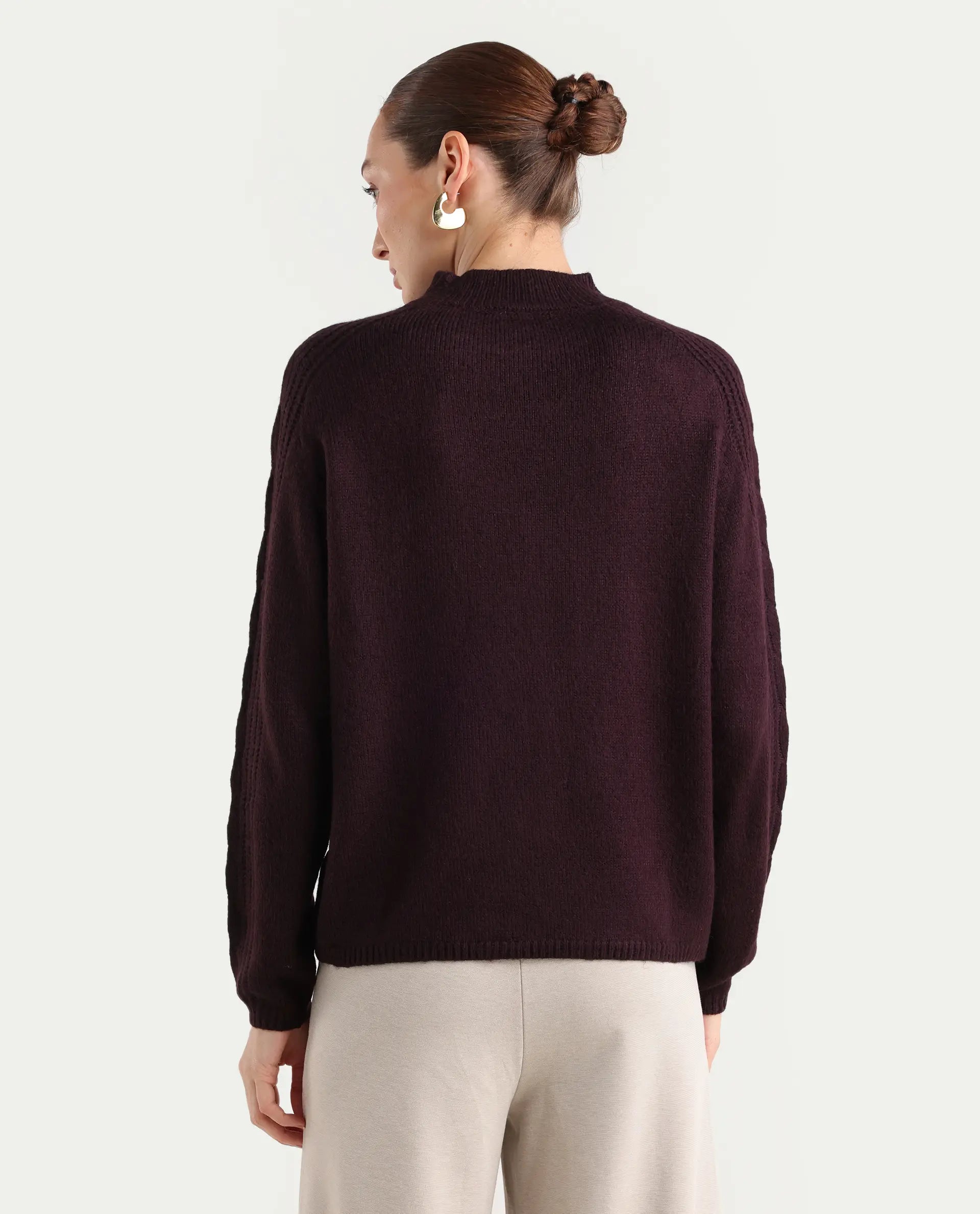 Rareism Women's Zella Dark Maroon Acrylic Blend High Neck Plain Regular Fit Sweater