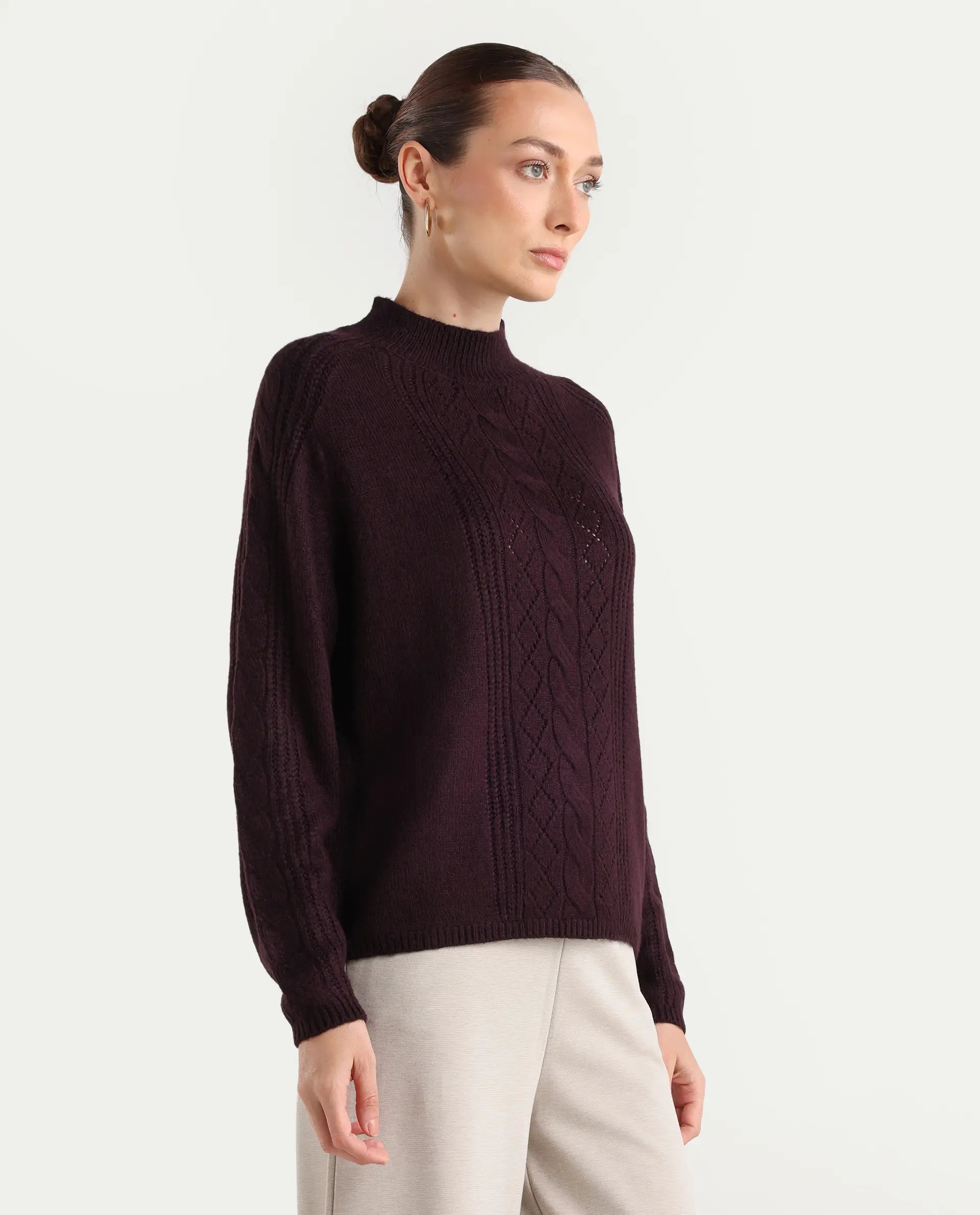 Rareism Women's Zella Dark Maroon Acrylic Blend High Neck Plain Regular Fit Sweater