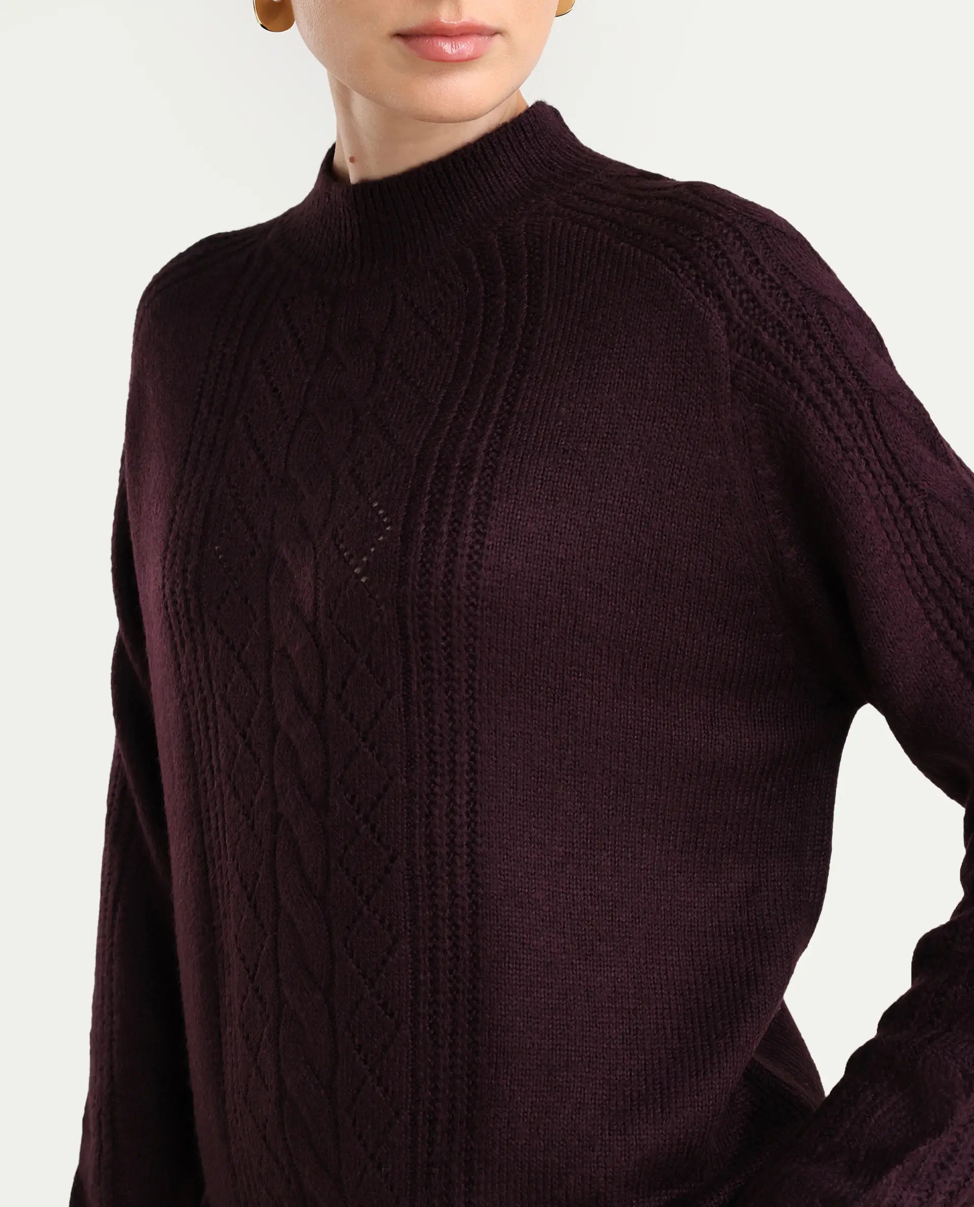 Rareism Women's Zella Dark Maroon Acrylic Blend High Neck Plain Regular Fit Sweater
