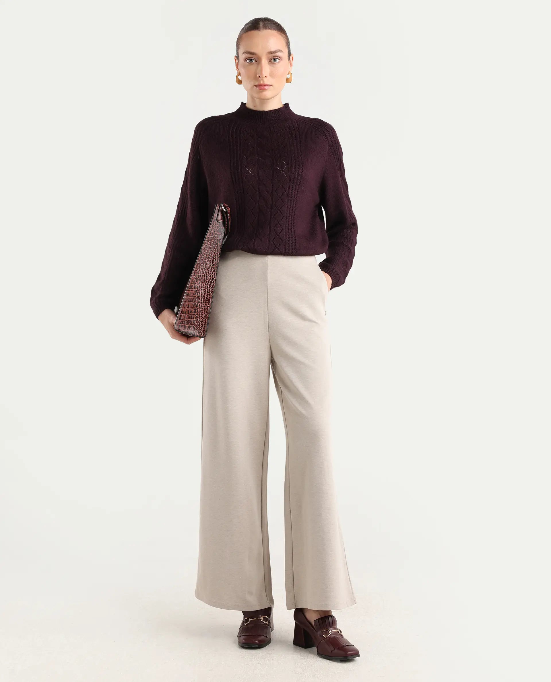 Rareism Women's Zella Dark Maroon Acrylic Blend High Neck Plain Regular Fit Sweater