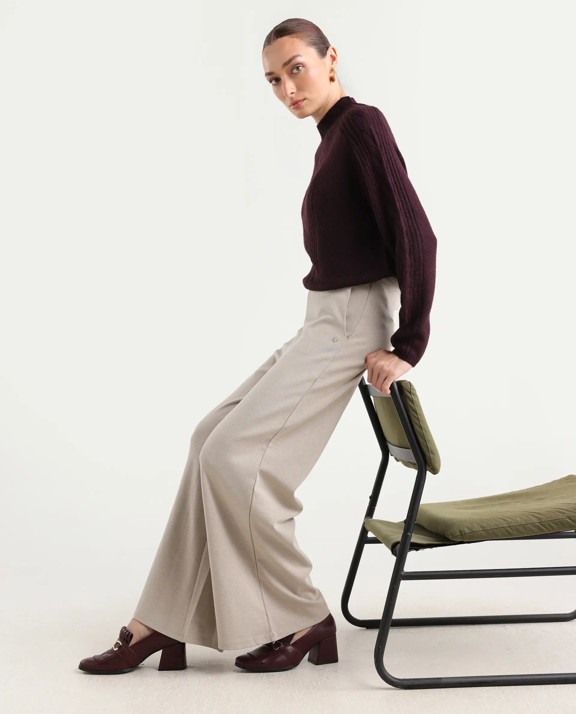 Rareism Women's Zella Dark Maroon Acrylic Blend High Neck Plain Regular Fit Sweater