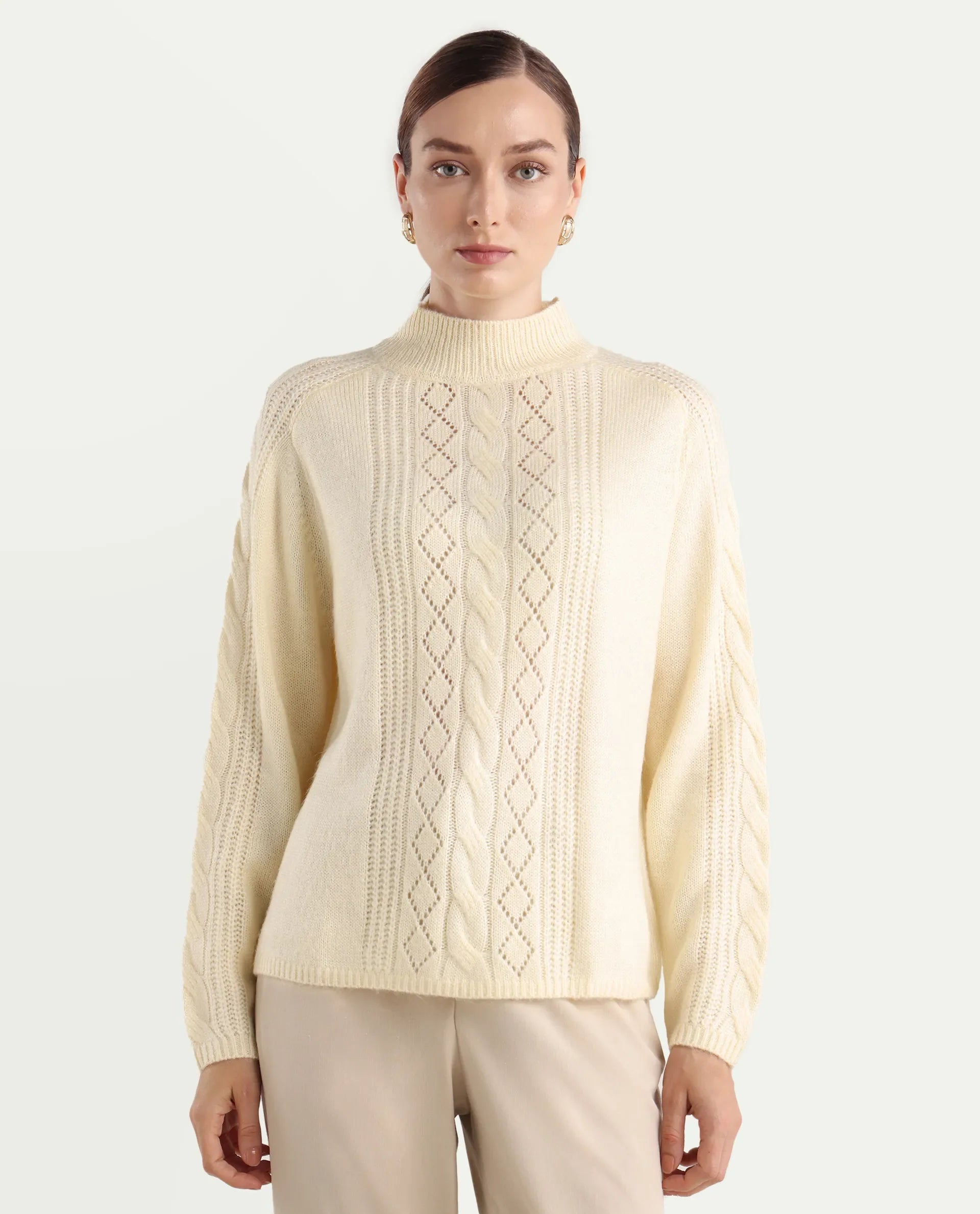 Rareism Women's Zella Off White Acrylic Blend High Neck Regular Fit Plain Sweater