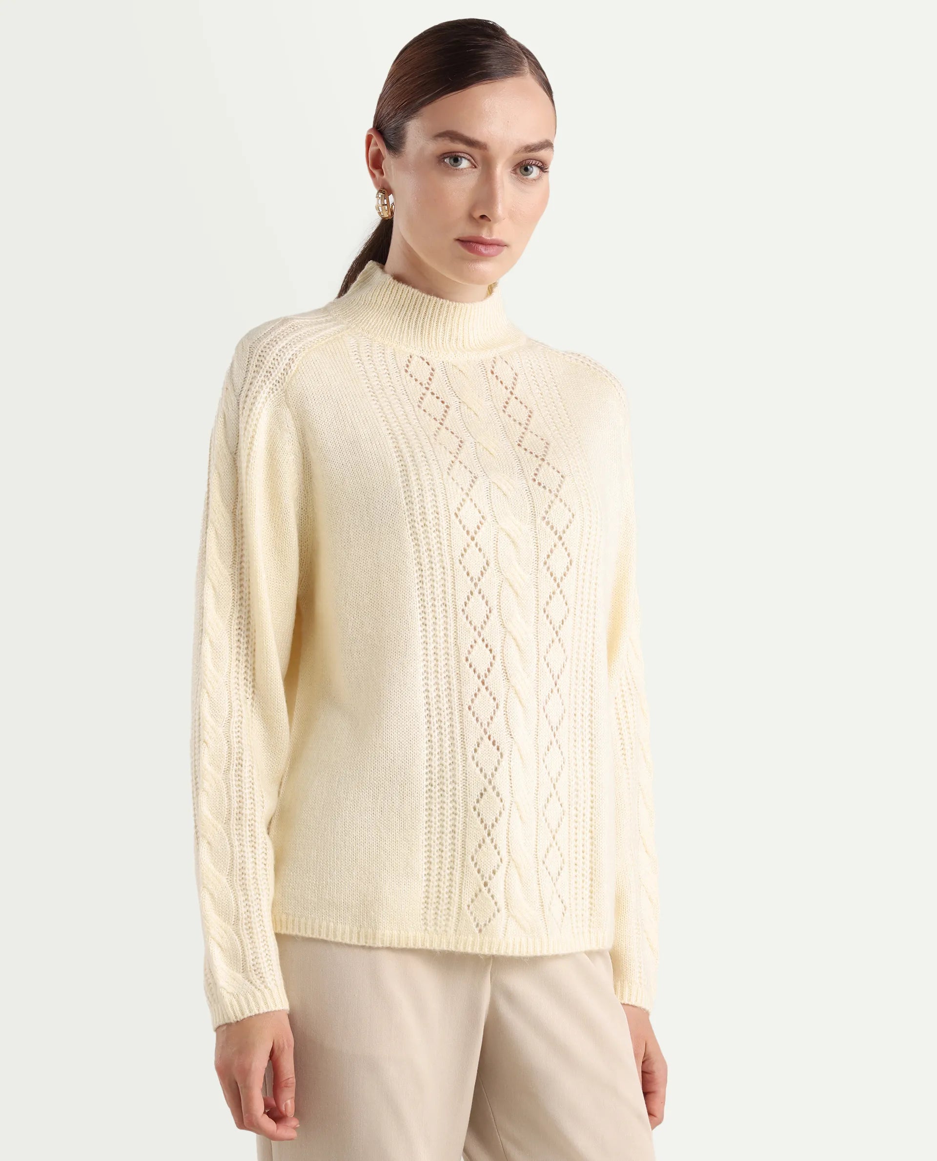 Rareism Women's Zella Off White Acrylic Blend High Neck Regular Fit Plain Sweater