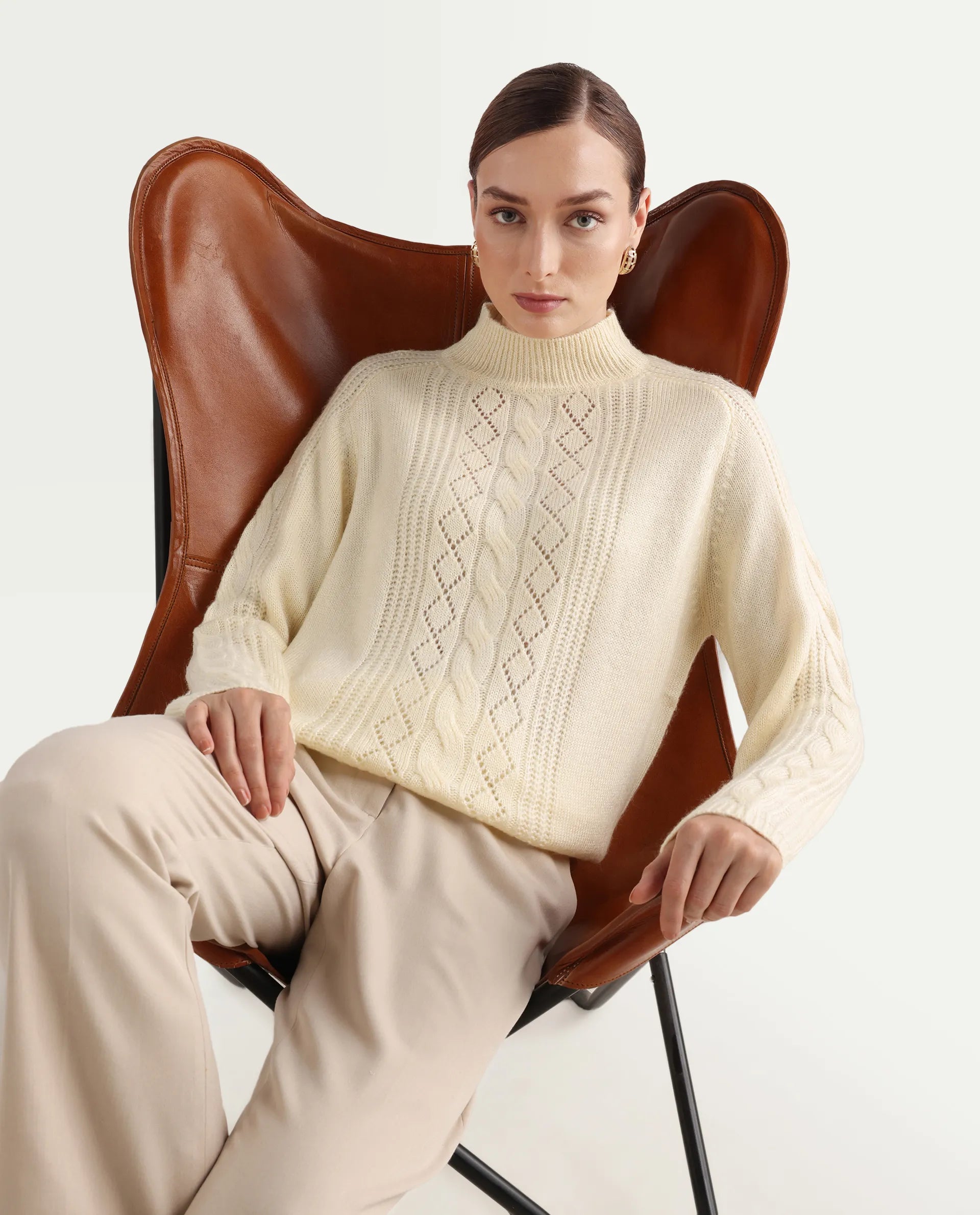 Rareism Women's Zella Off White Acrylic Blend High Neck Regular Fit Plain Sweater