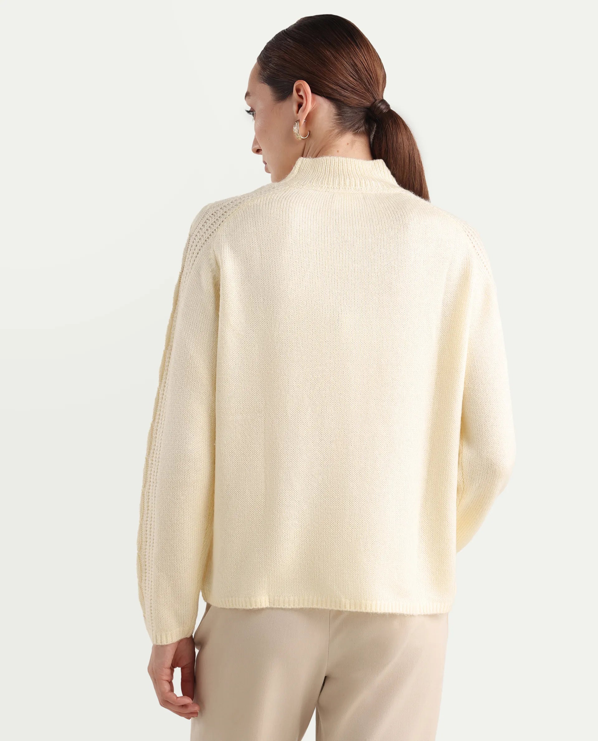 Rareism Women's Zella Off White Acrylic Blend High Neck Regular Fit Plain Sweater