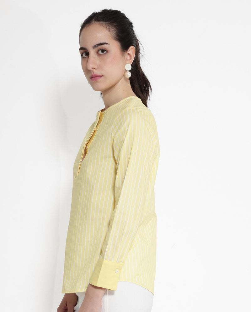 Rareism Women Zelma Yellow Cuffed Sleeve Round Neck Button Narrow Stripes Top