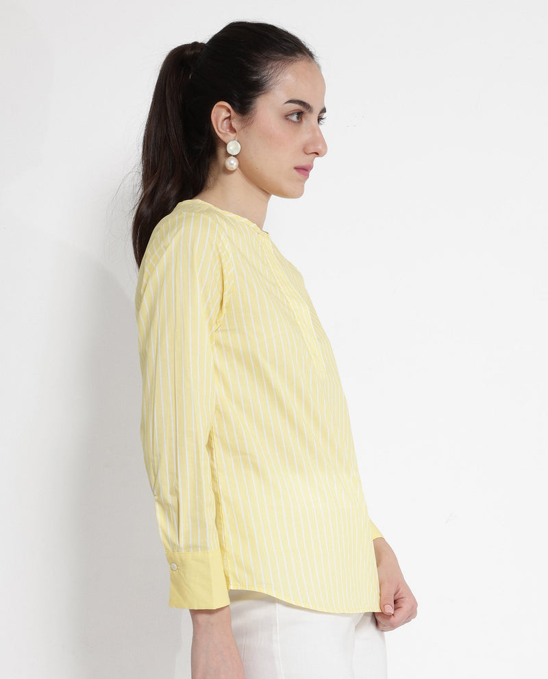 Rareism Women Zelma Yellow Cuffed Sleeve Round Neck Button Narrow Stripes Top