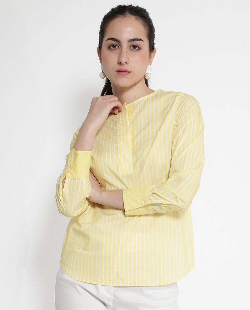 Rareism Women Zelma Yellow Cuffed Sleeve Round Neck Button Narrow Stripes Top