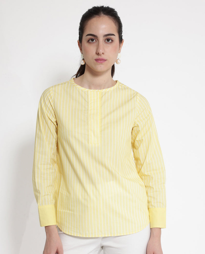 Rareism Women Zelma Yellow Cuffed Sleeve Round Neck Button Narrow Stripes Top