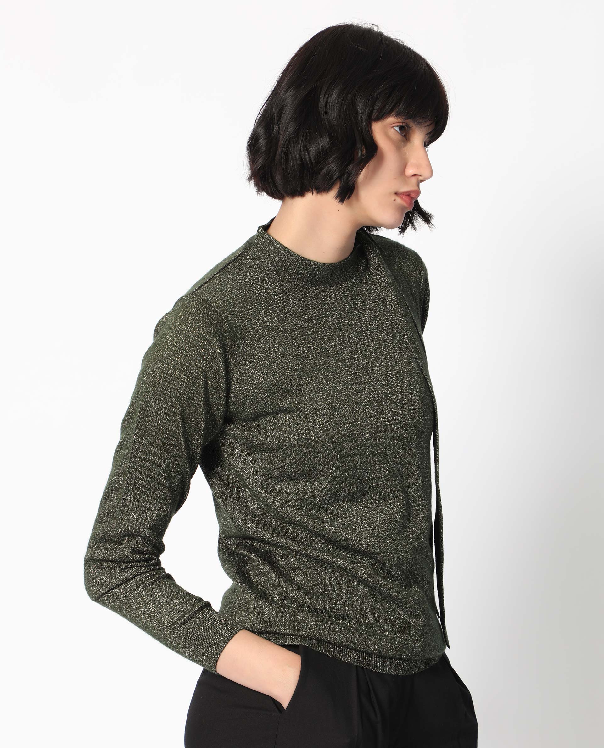 Rareism Women's Zener Green Acrylic High Neck Plain Regular Fit Sweater