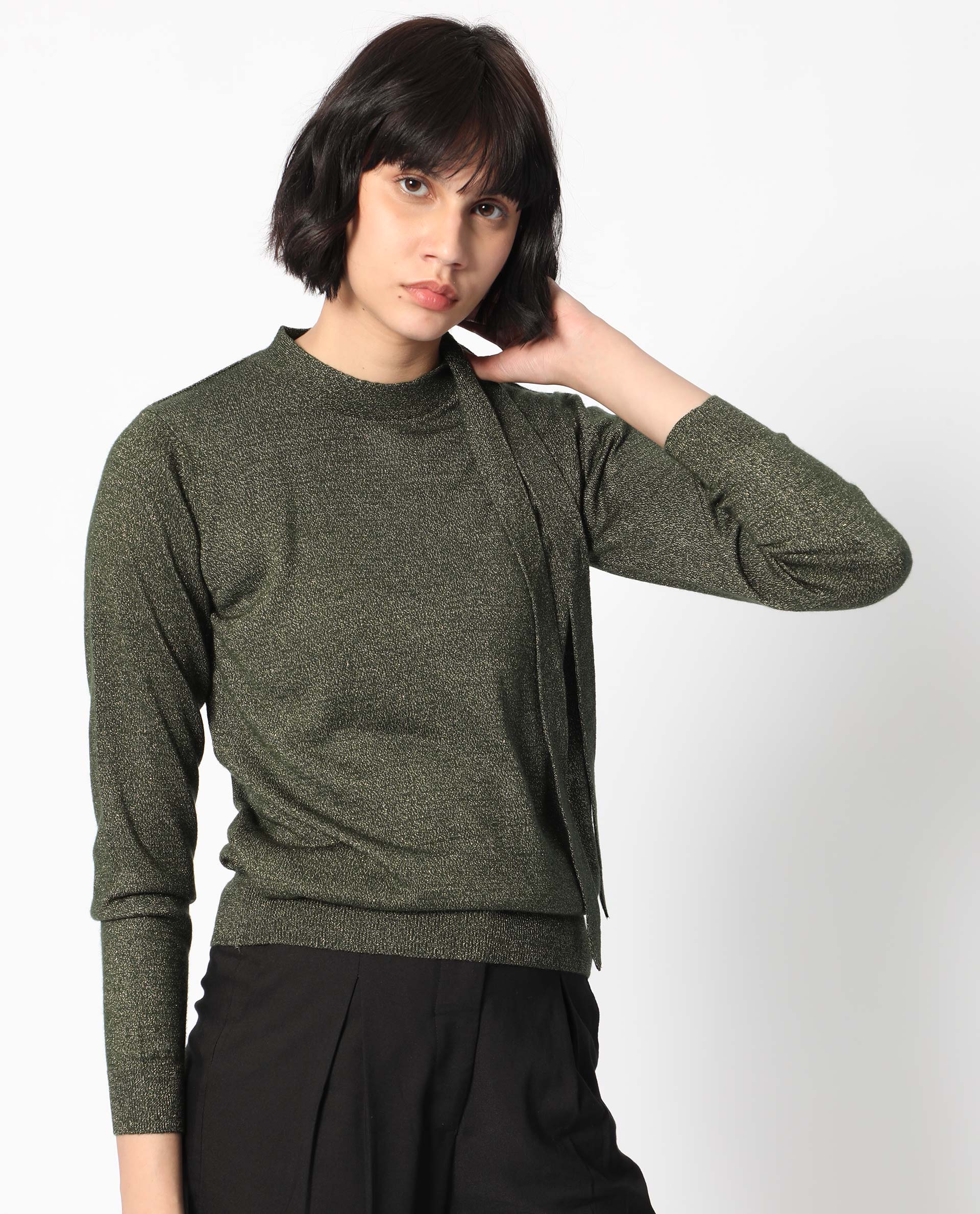 Rareism Women's Zener Green Acrylic High Neck Plain Regular Fit Sweater