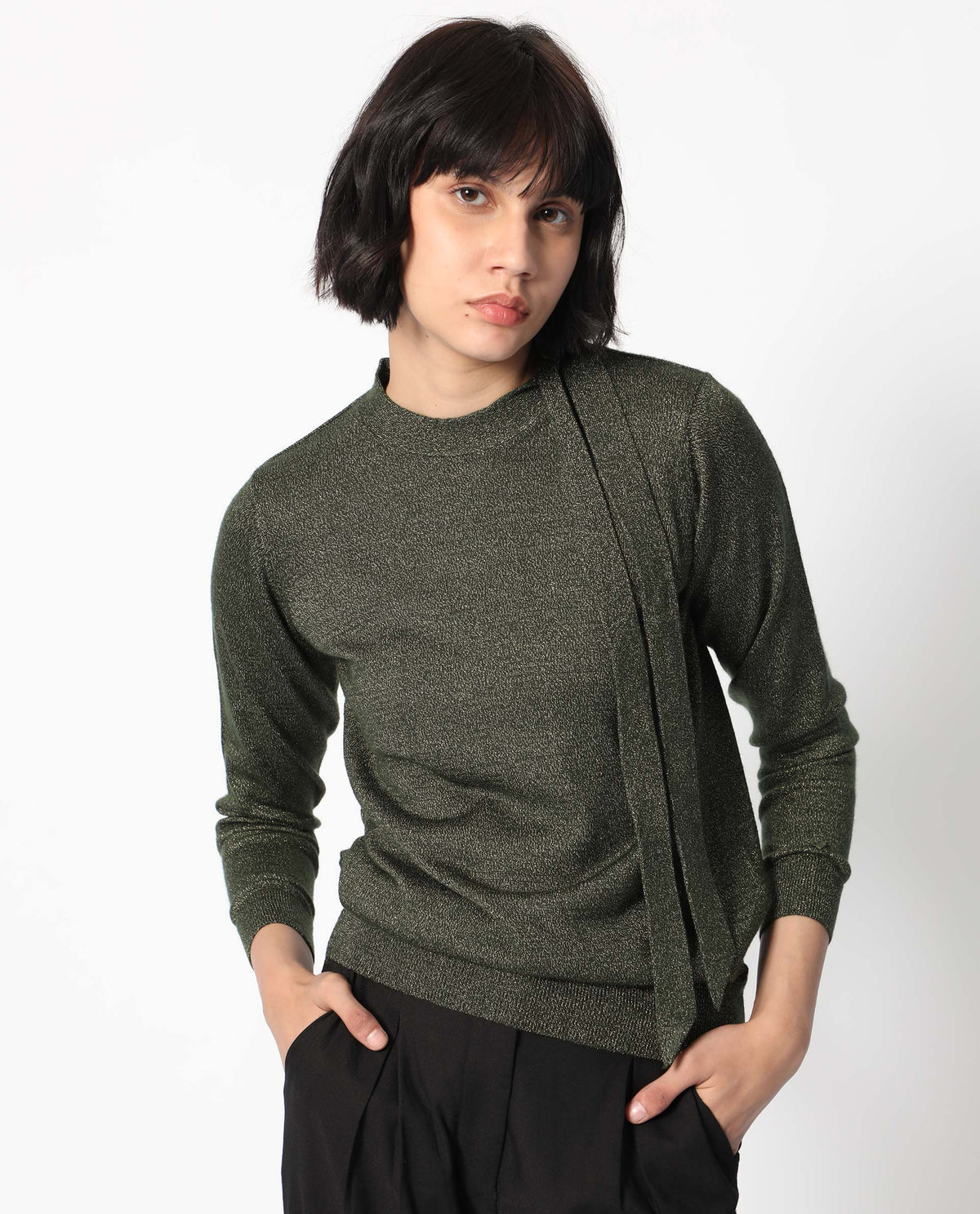Rareism Women Zener Green Acrylic Fabric Full Sleeves Regular Fit Solid High Neck Sweater