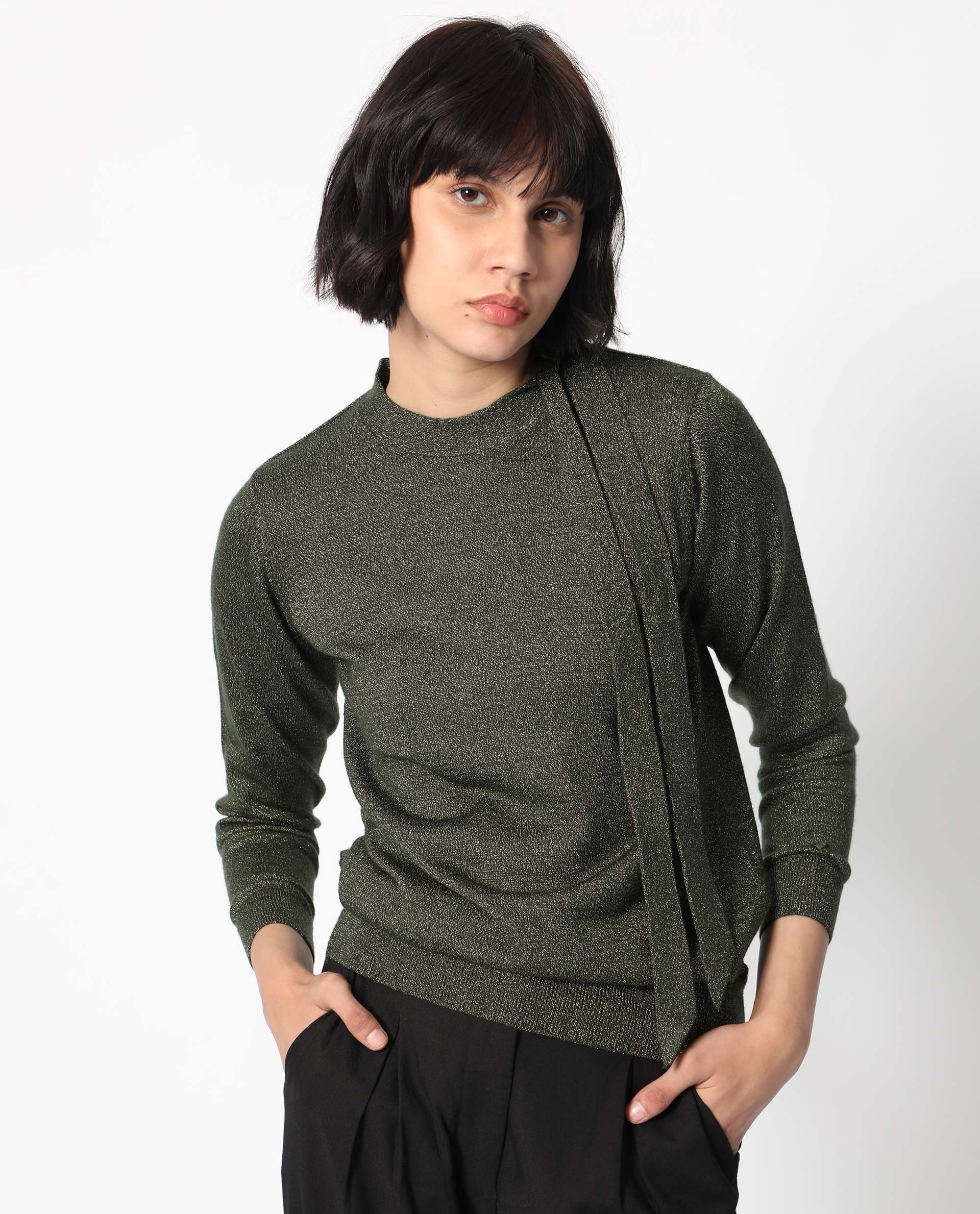 Rareism Women Zener Green Acrylic Fabric Full Sleeves Regular Fit Solid High Neck Sweater