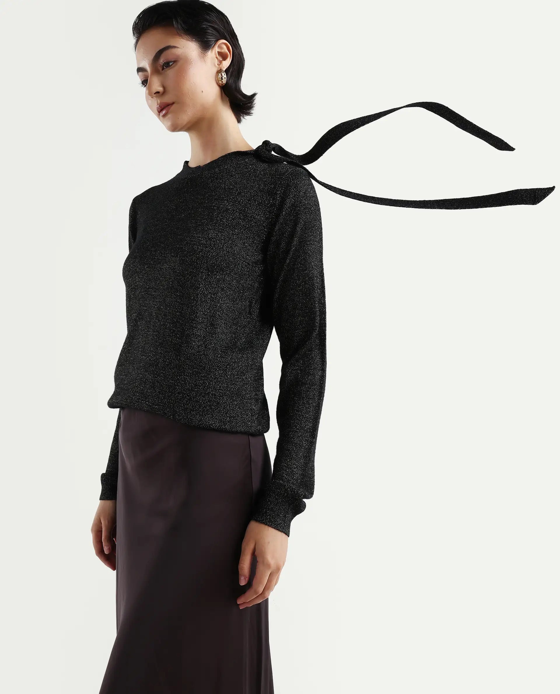 Rareism Women's Zener Black Acrylic High Neck Plain Regular Fit Sweater