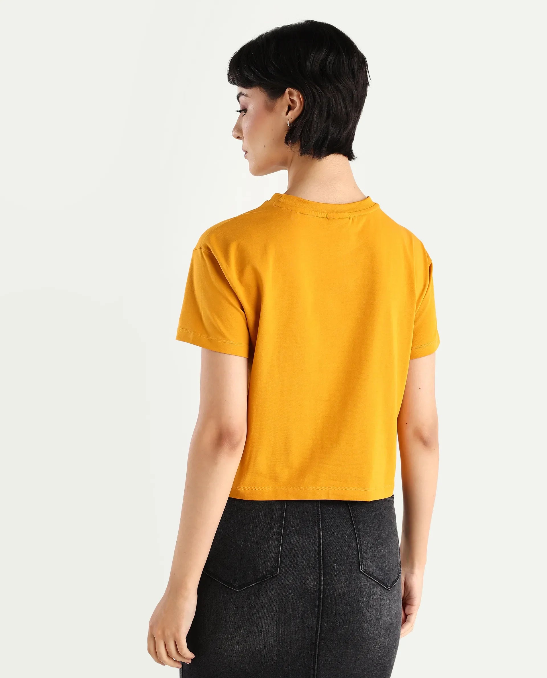 Rareism Women's Zenith Dark Mustard Cotton Blend Crew Neck Graphic Print Crop Relaxed Fit T-Shirt