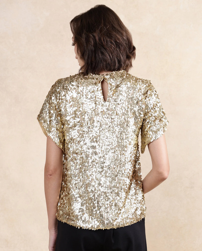 Rareism Women Zepla Mettalic Gold Polyester Fabric Short Sleeve Round Neck Button Closure Sequin Top