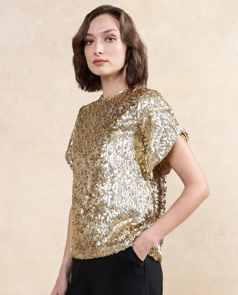 Rareism Women Zepla Mettalic Gold Polyester Fabric Short Sleeve Round Neck Button Closure Sequin Top