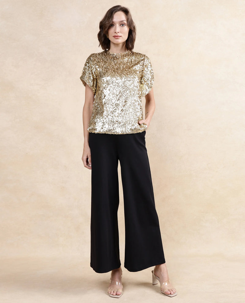 Rareism Women Zepla Mettalic Gold Polyester Fabric Short Sleeve Round Neck Button Closure Sequin Top