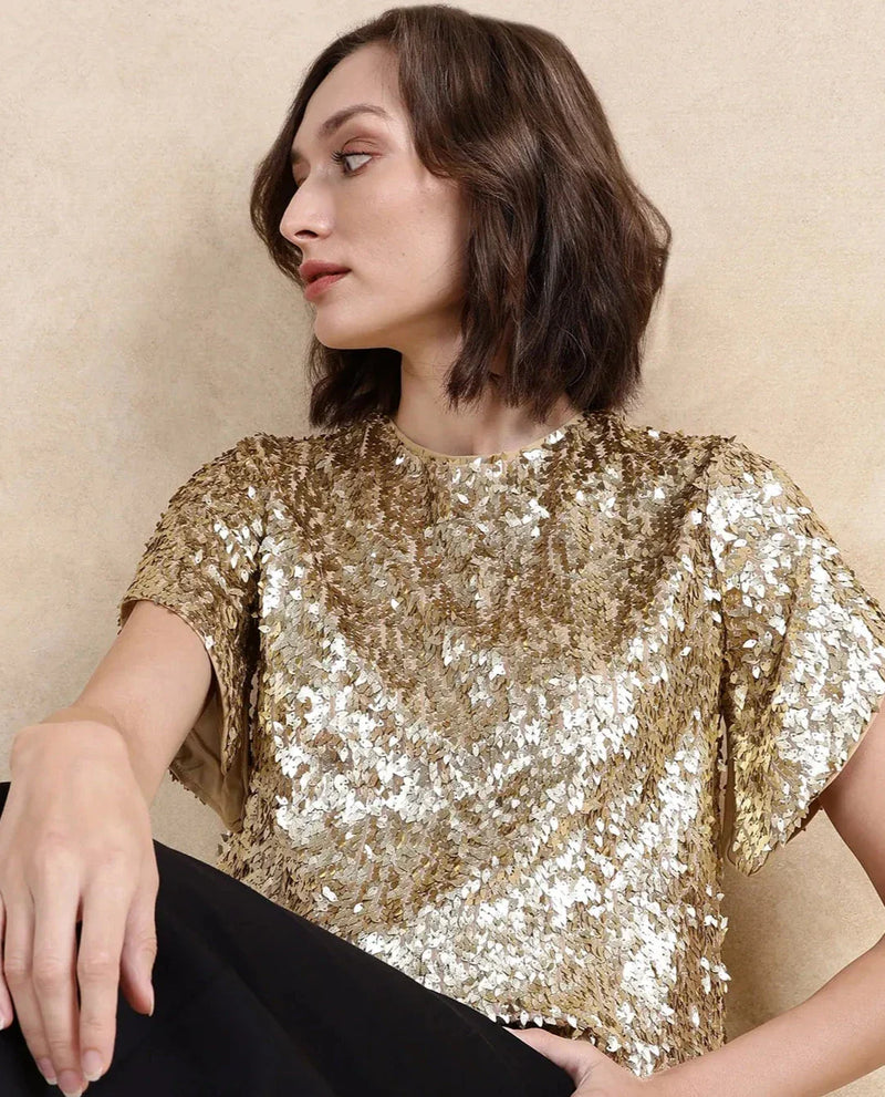 Rareism Women Zepla Mettalic Gold Polyester Fabric Short Sleeve Round Neck Button Closure Sequin Top