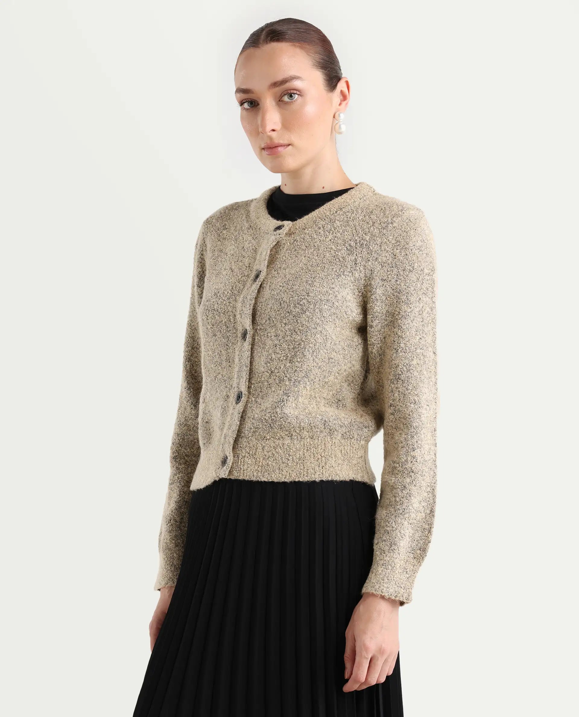 Rareism Women's Zer Beige Acrylic Blend Crew Neck Regular Fit Cardigan