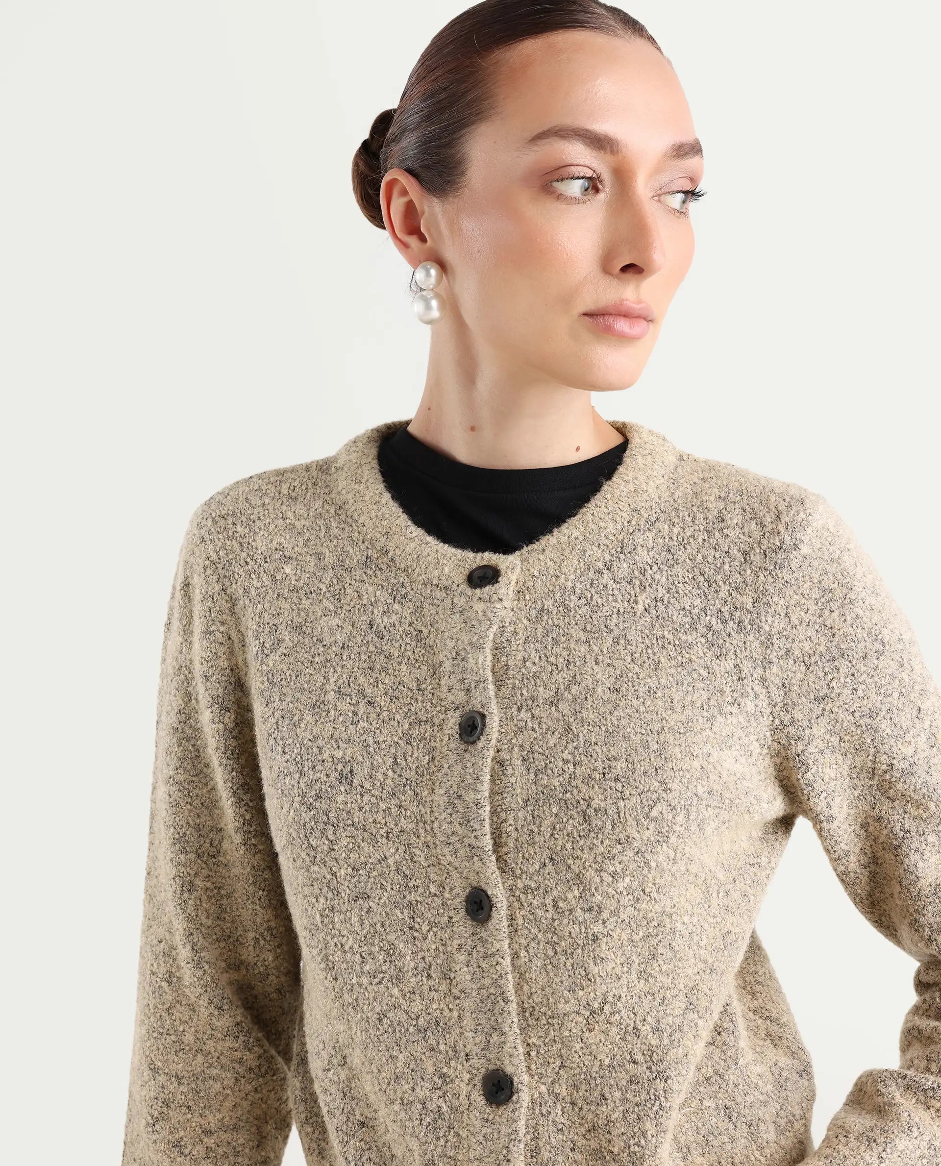 Rareism Women's Zer Beige Acrylic Blend Crew Neck Regular Fit Cardigan