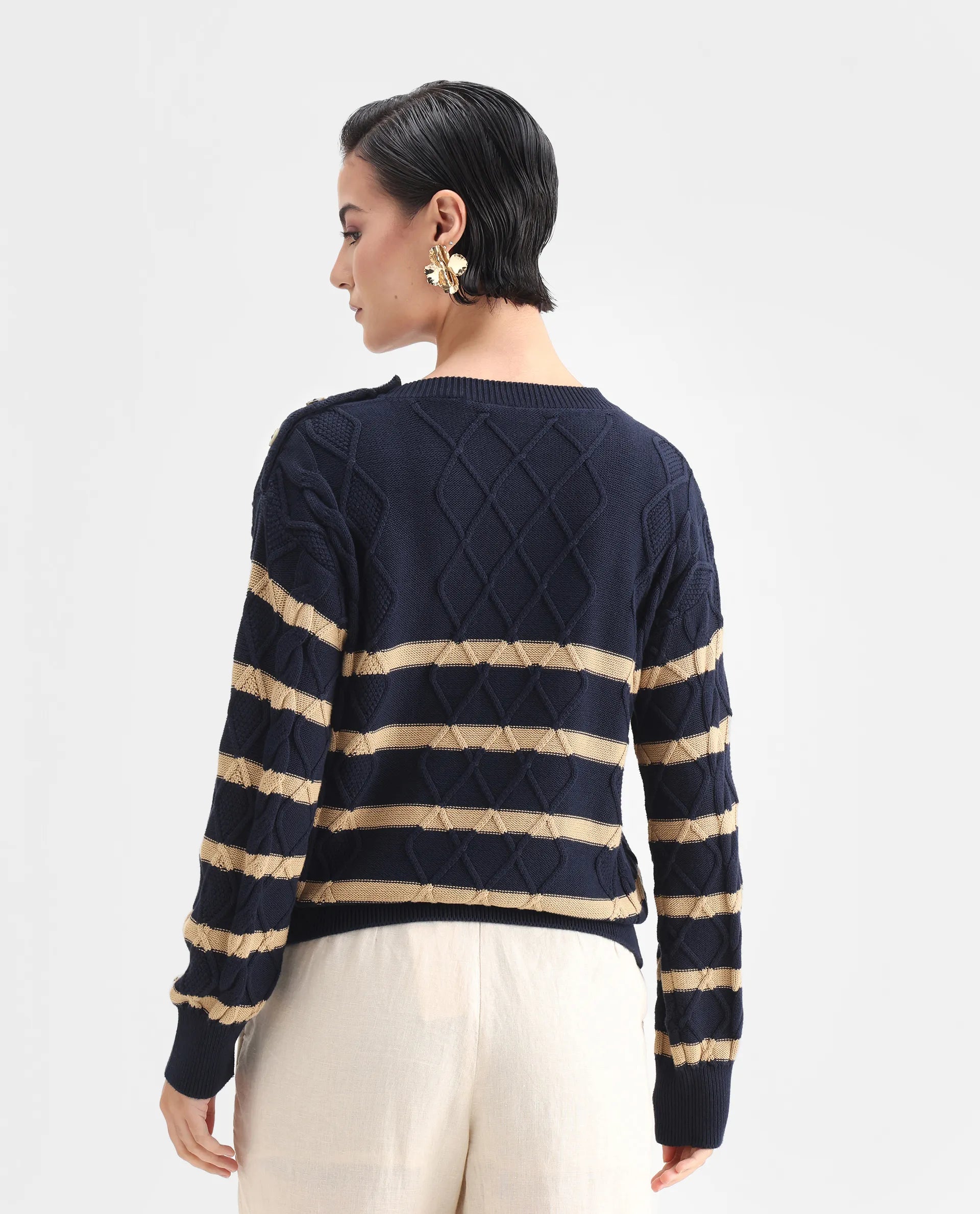 Rareism Women's Zerna Dark Navy Cotton Crew Neck Plain Regular Fit Sweater