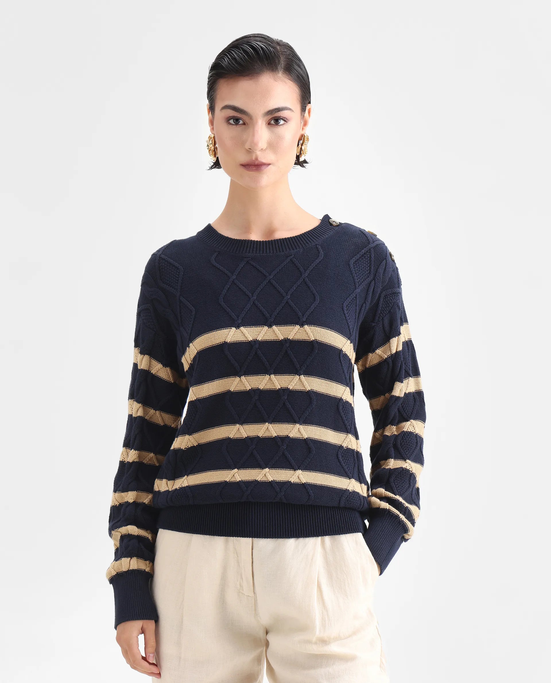 Rareism Women's Zerna Dark Navy Cotton Crew Neck Plain Regular Fit Sweater