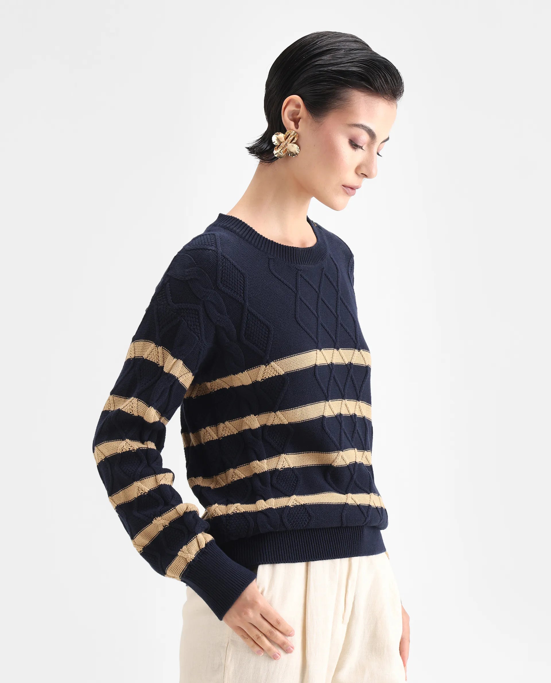 Rareism Women's Zerna Dark Navy Cotton Crew Neck Plain Regular Fit Sweater