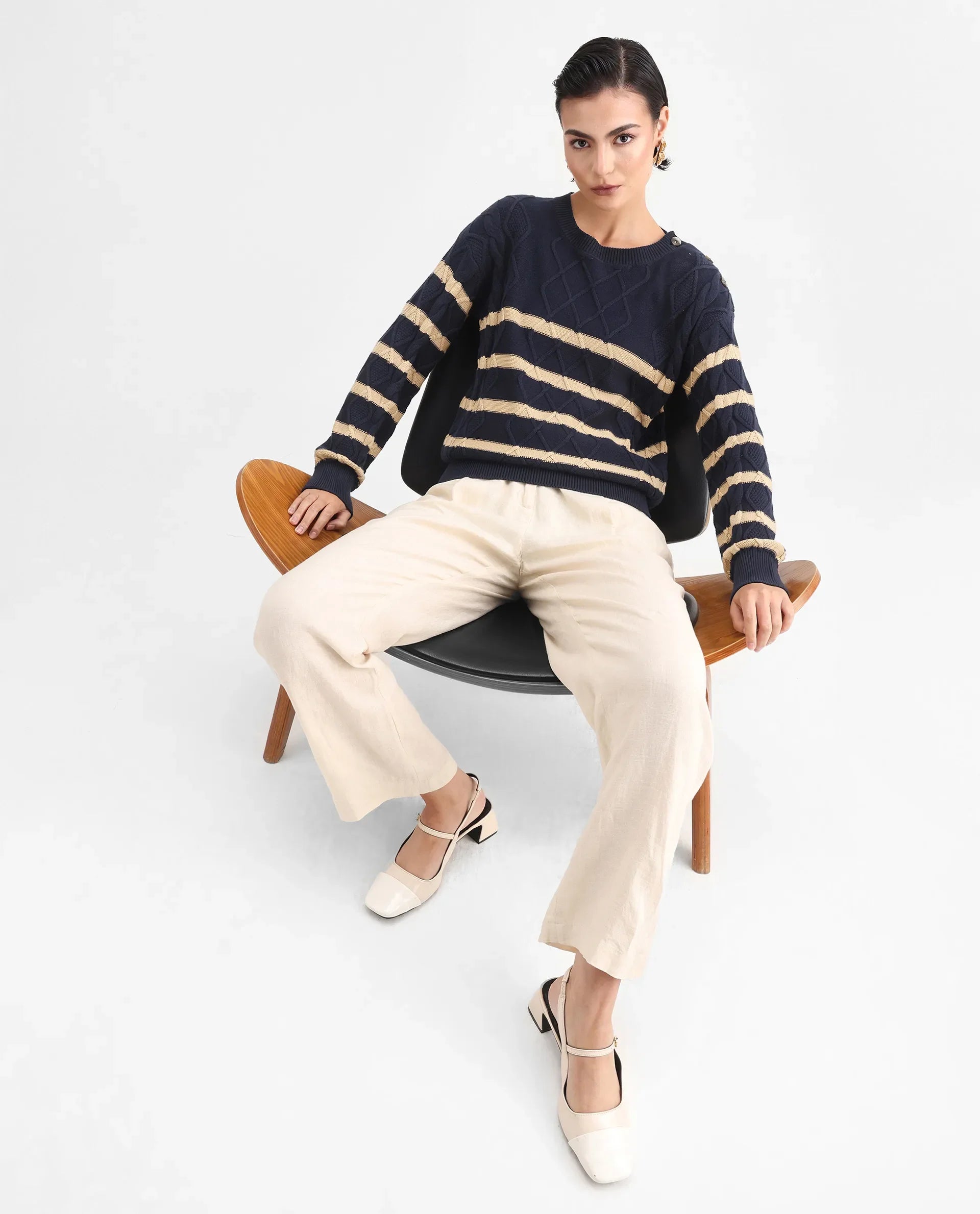 Rareism Women's Zerna Dark Navy Cotton Crew Neck Plain Regular Fit Sweater