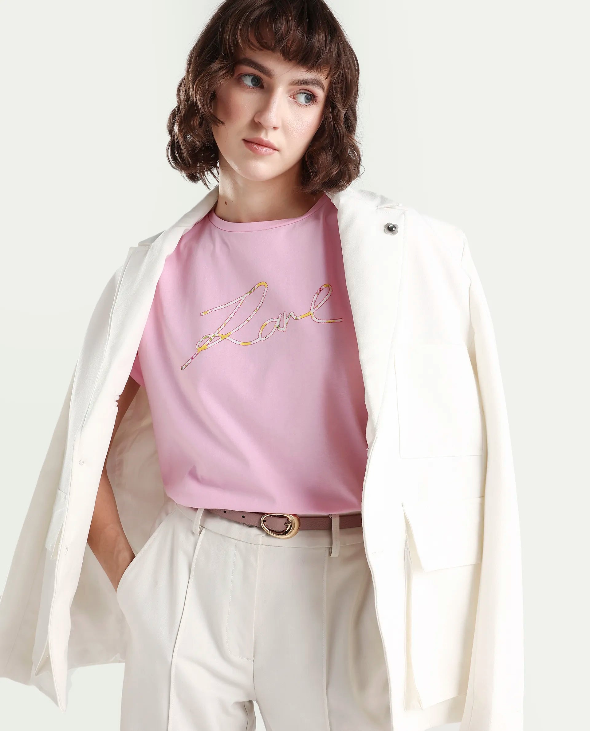 Rareism Women's Zeta Light Pink Cotton Blend Half Sleeve Relaxed Fit Typography Print T-Shirt