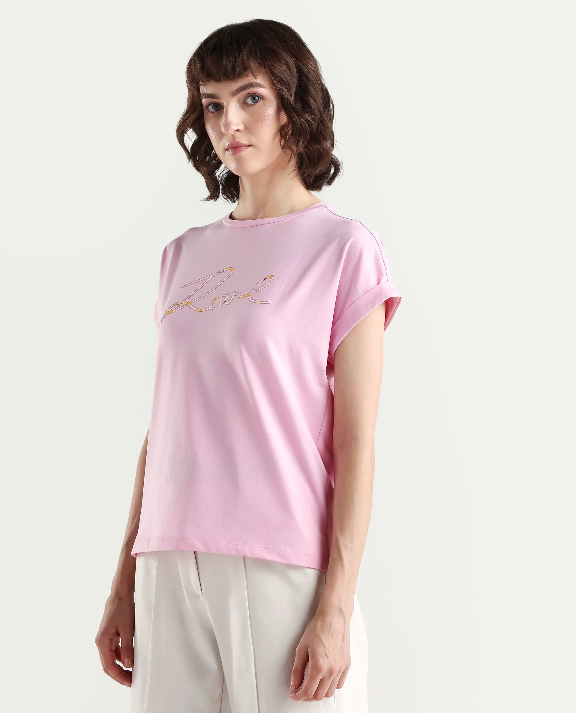 Rareism Women's Zeta Light Pink Cotton Blend Half Sleeve Relaxed Fit Typography Print T-Shirt