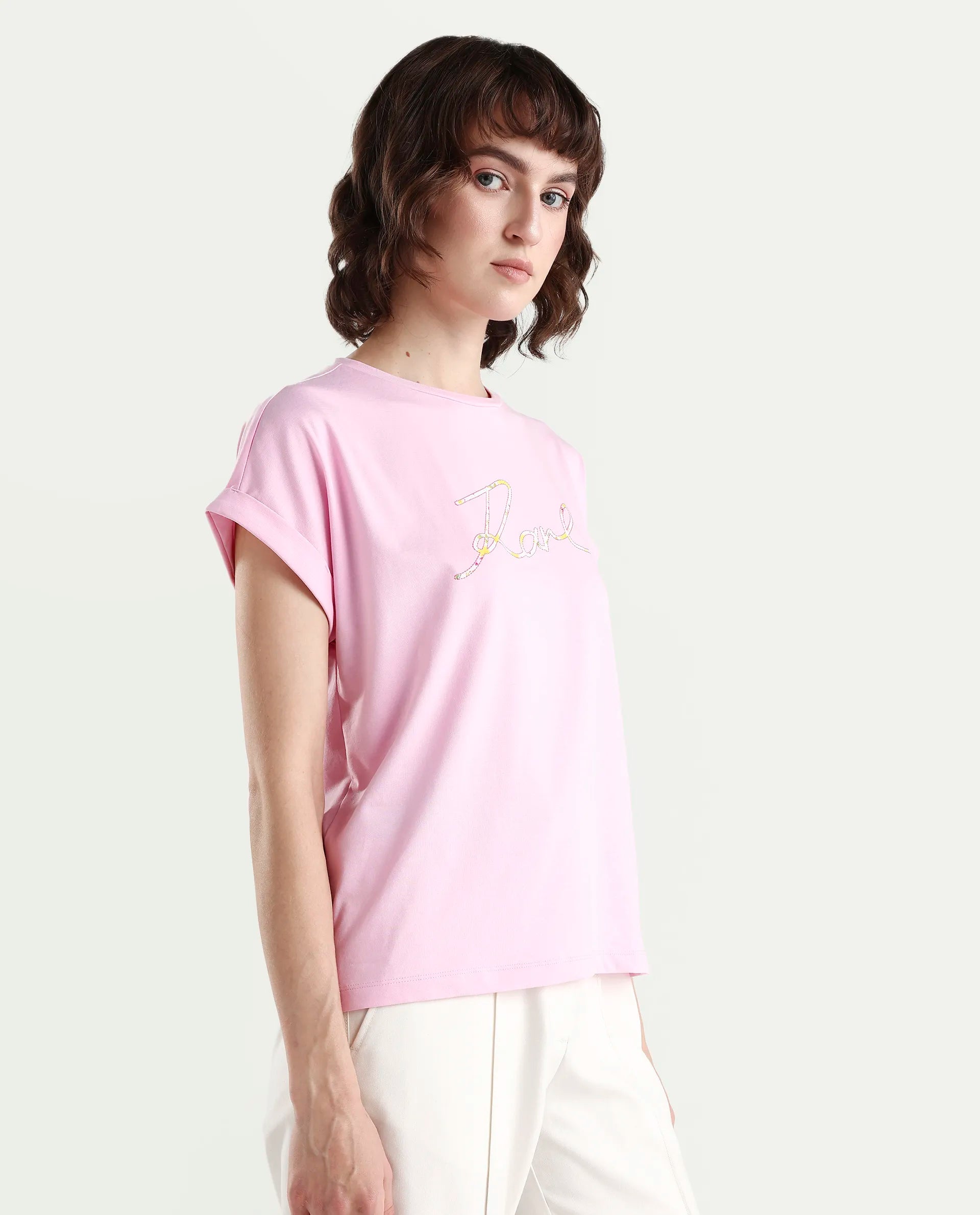 Rareism Women's Zeta Light Pink Cotton Blend Half Sleeve Relaxed Fit Typography Print T-Shirt