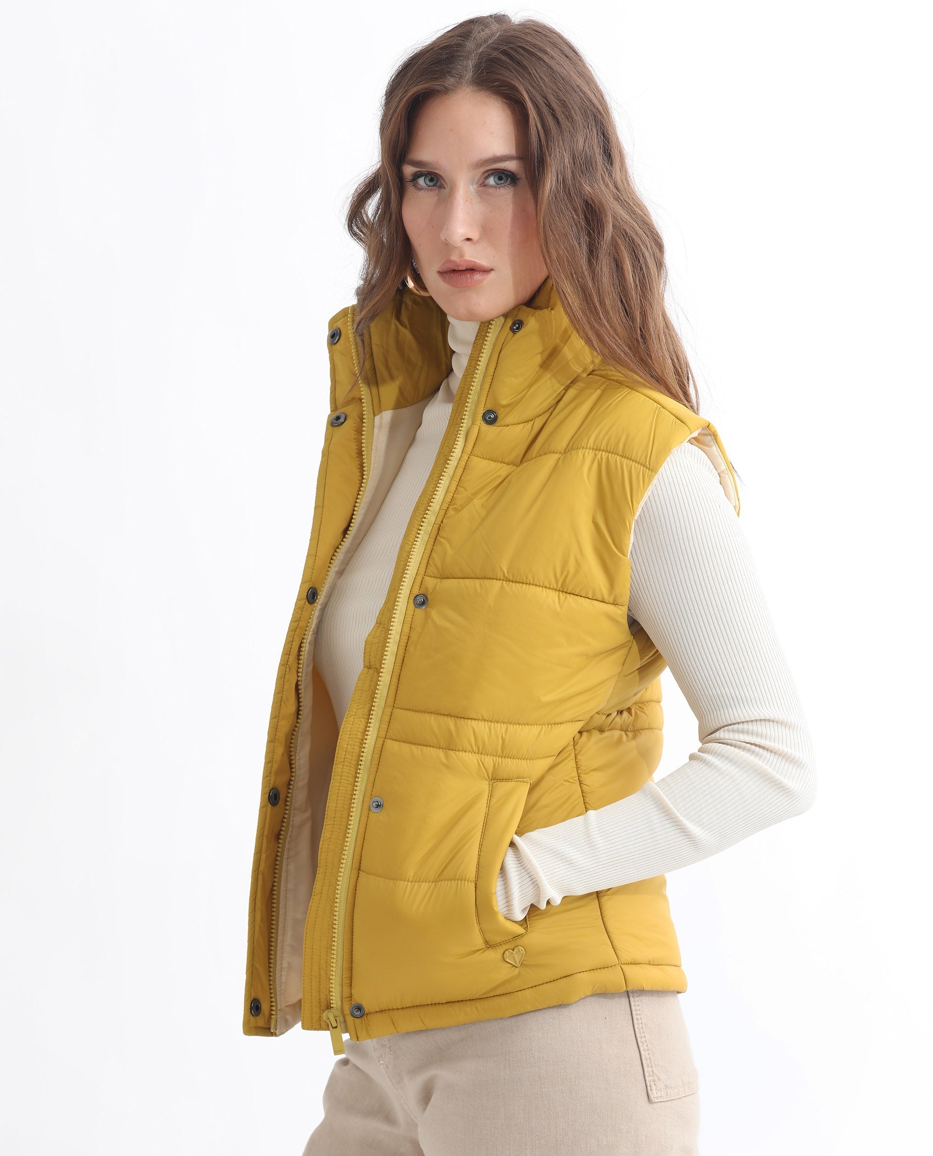 Rareism Women Ziazan Yellow Polyester Fabric Sleeveless Solid High Neck Jacket
