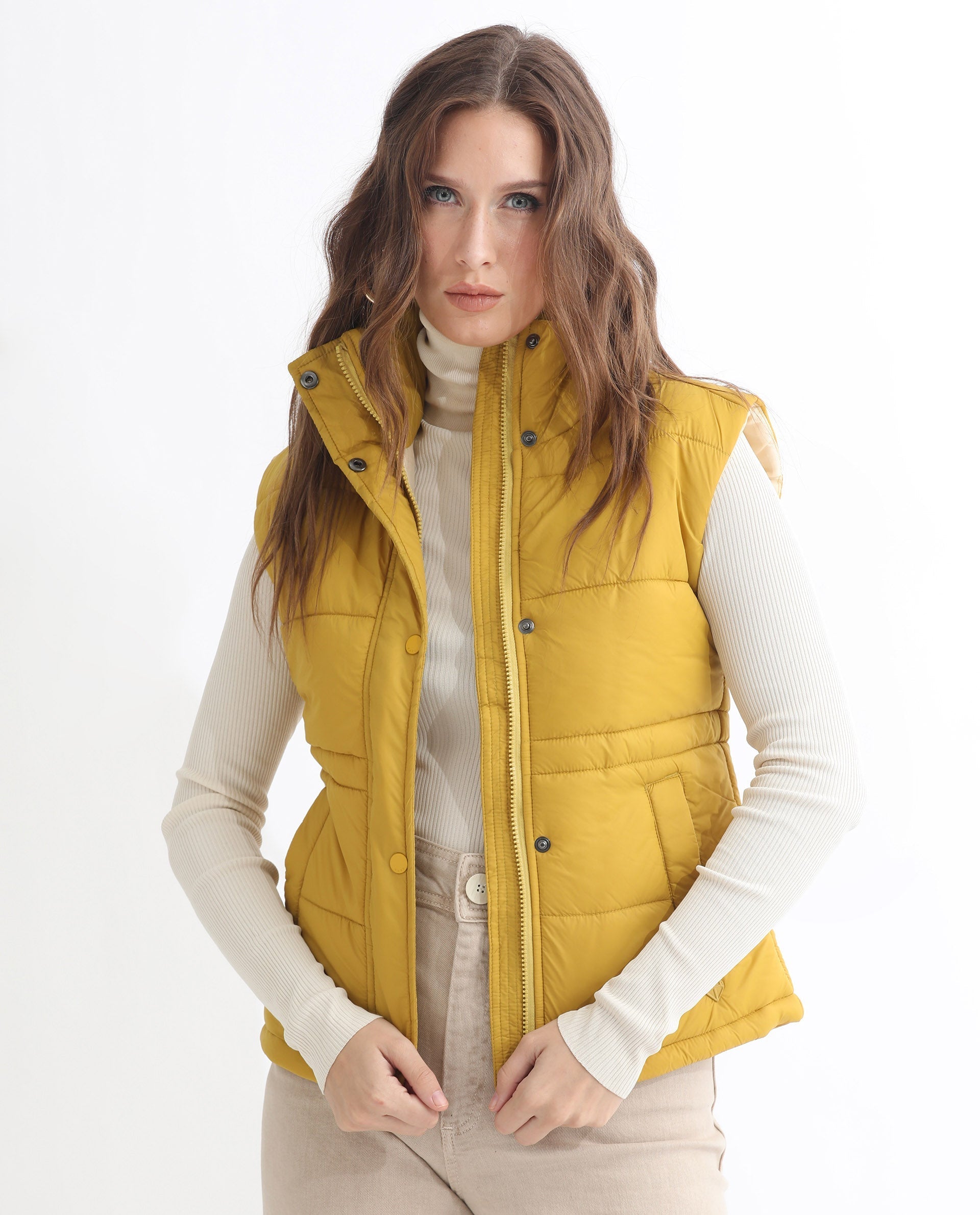 Rareism Women Ziazan Yellow Polyester Fabric Sleeveless Solid High Neck Jacket