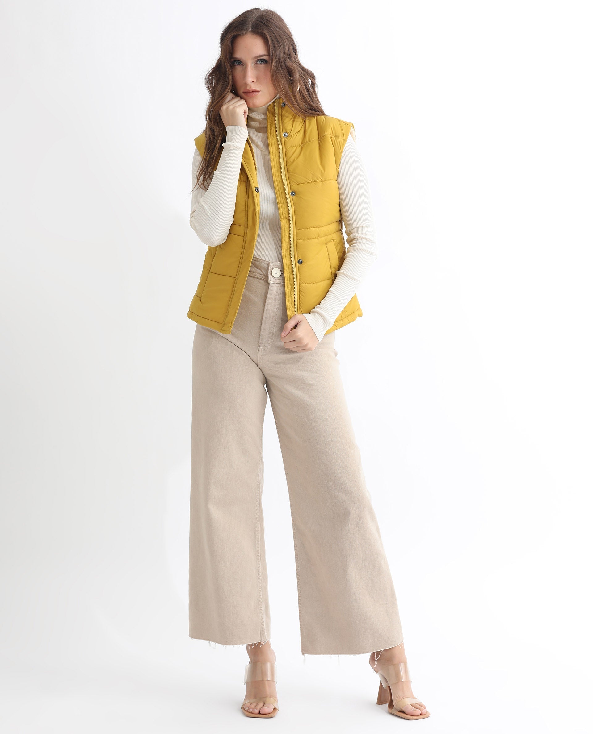 Rareism Women Ziazan Yellow Polyester Fabric Sleeveless Solid High Neck Jacket