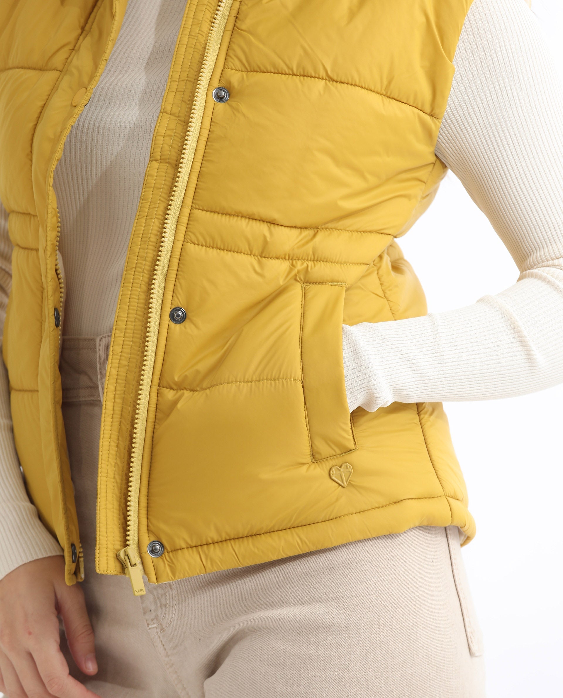 Rareism Women Ziazan Yellow Polyester Fabric Sleeveless Solid High Neck Jacket