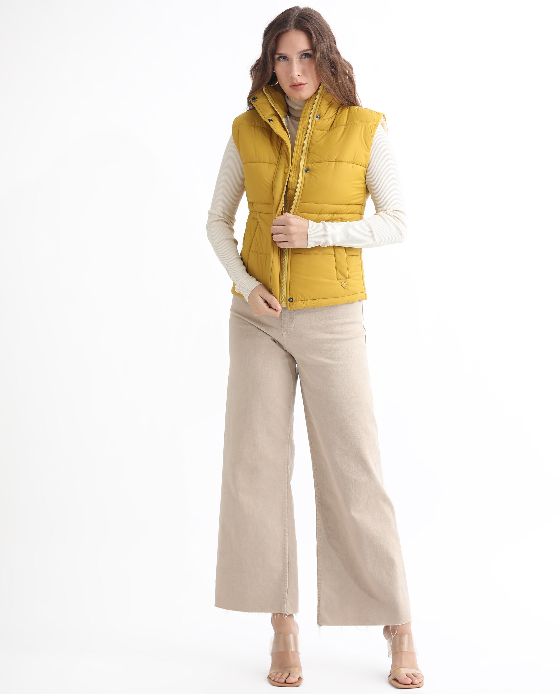 Rareism Women Ziazan Yellow Polyester Fabric Sleeveless Solid High Neck Jacket