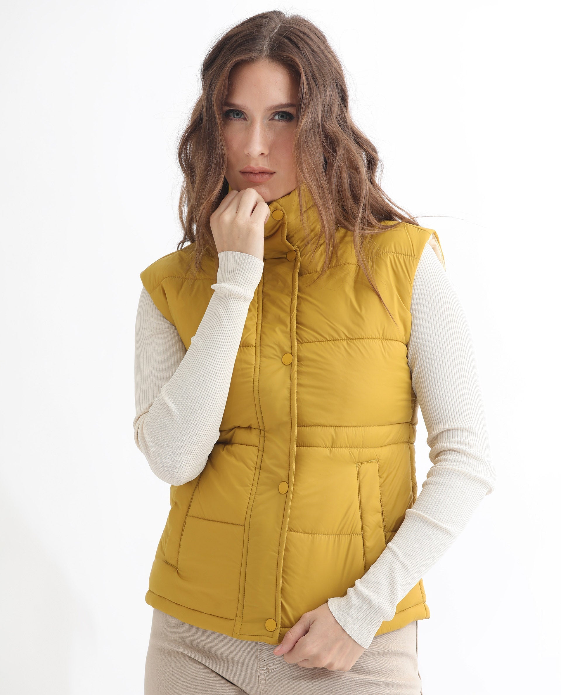 Rareism Women Ziazan Yellow Polyester Fabric Sleeveless Solid High Neck Jacket